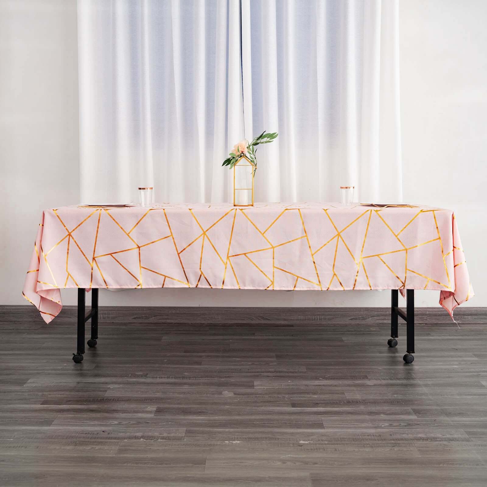 Polyester 60x102 Rectangle Tablecloth Blush with Gold Foil Geometric Pattern - Wrinkle-Resistant & Durable Table Cover