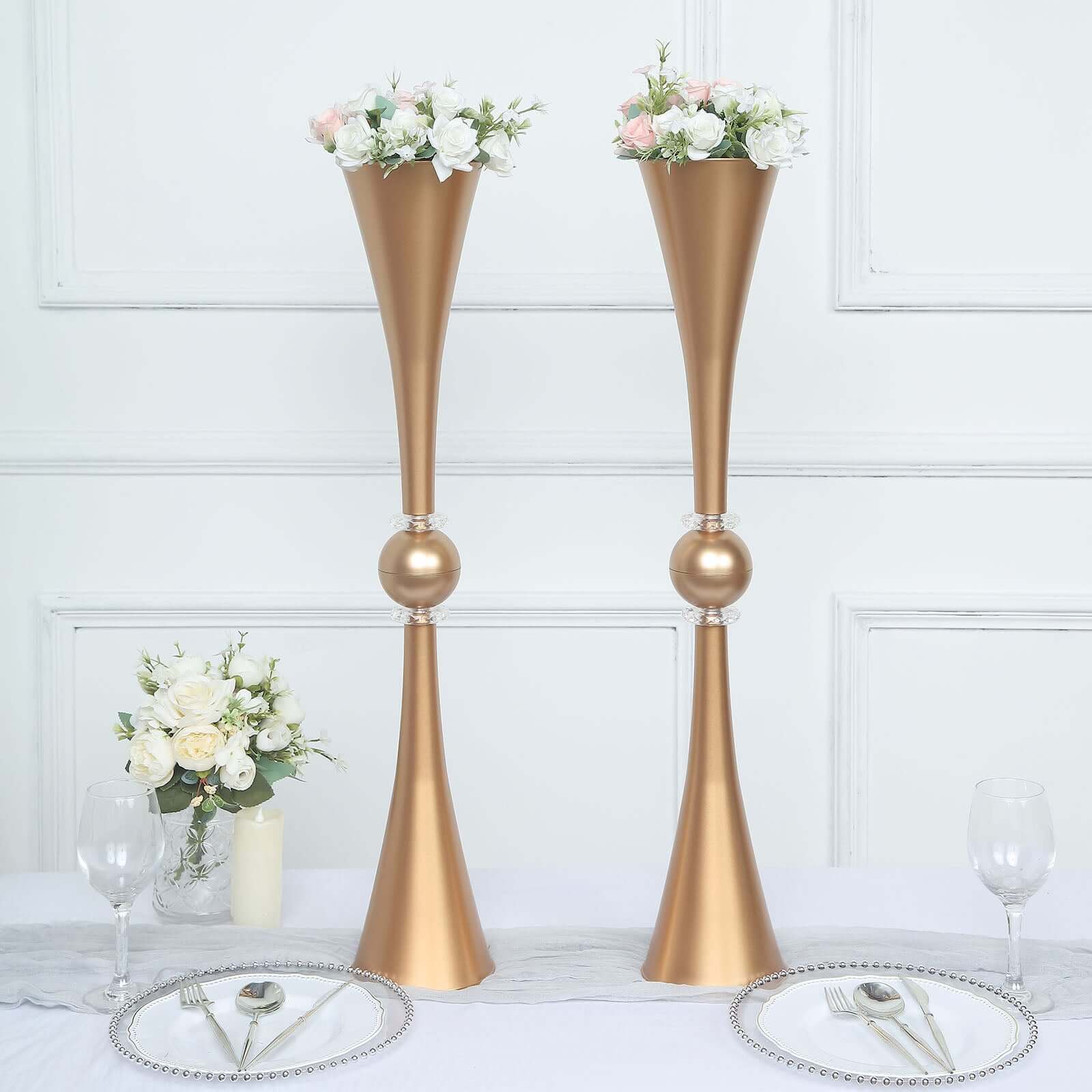 2 Pack 31 Shiny Gold Crystal Embellishment Trumpet Flower Vase, Reversible Plastic Table Centerpiece