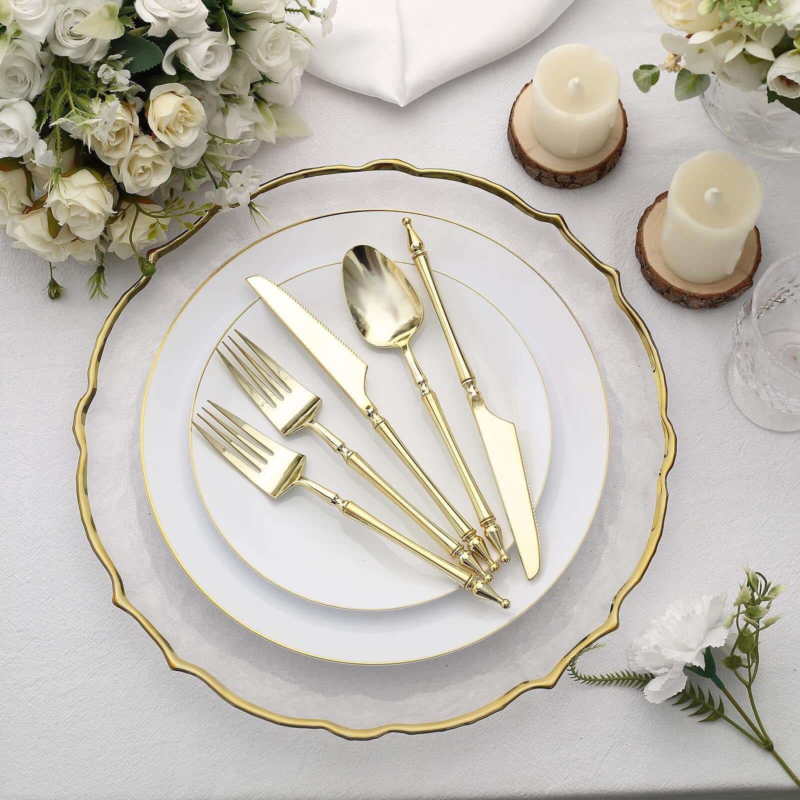 24-Pack Plastic Utensil Set with Roman Column Handle Gold - Disposable Silverware for Events