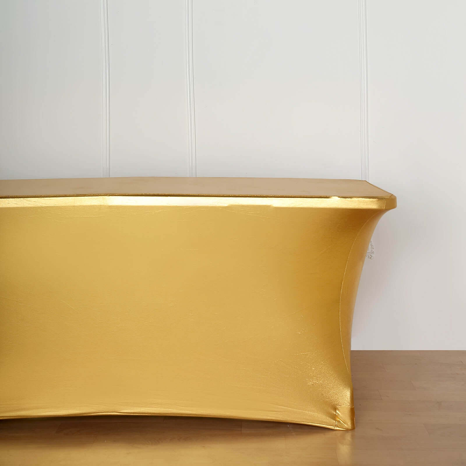 Stretch Spandex 72x30 Rectangle Tablecloth Metallic Gold - Glamorous Form-Fitting Table Cover for Upscale Gatherings