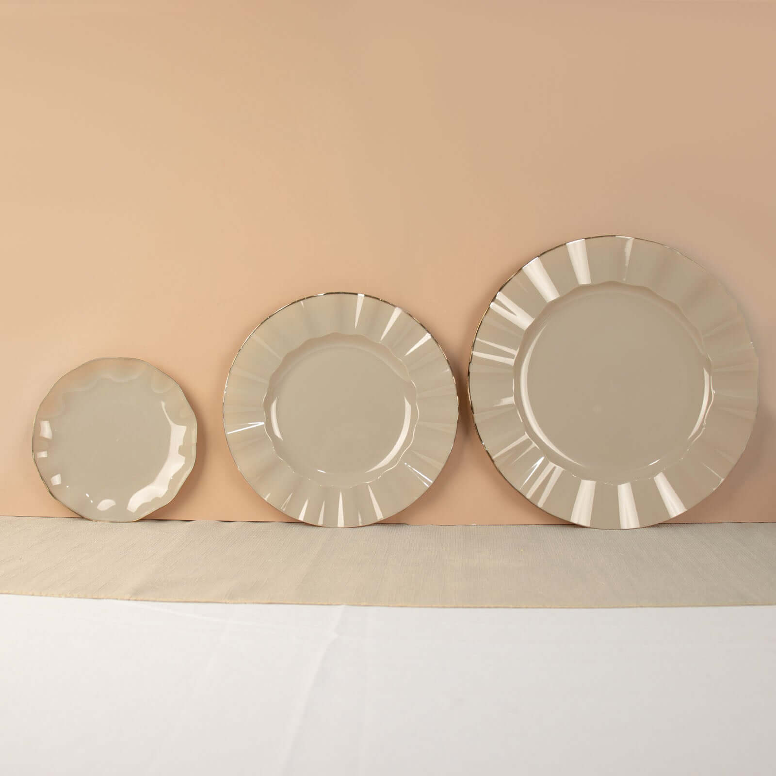 10-Pack Plastic 9 Round Dinner Plates in Taupe Ruffled Rim with Gold Edging - Sturdy Disposable Dinnerware