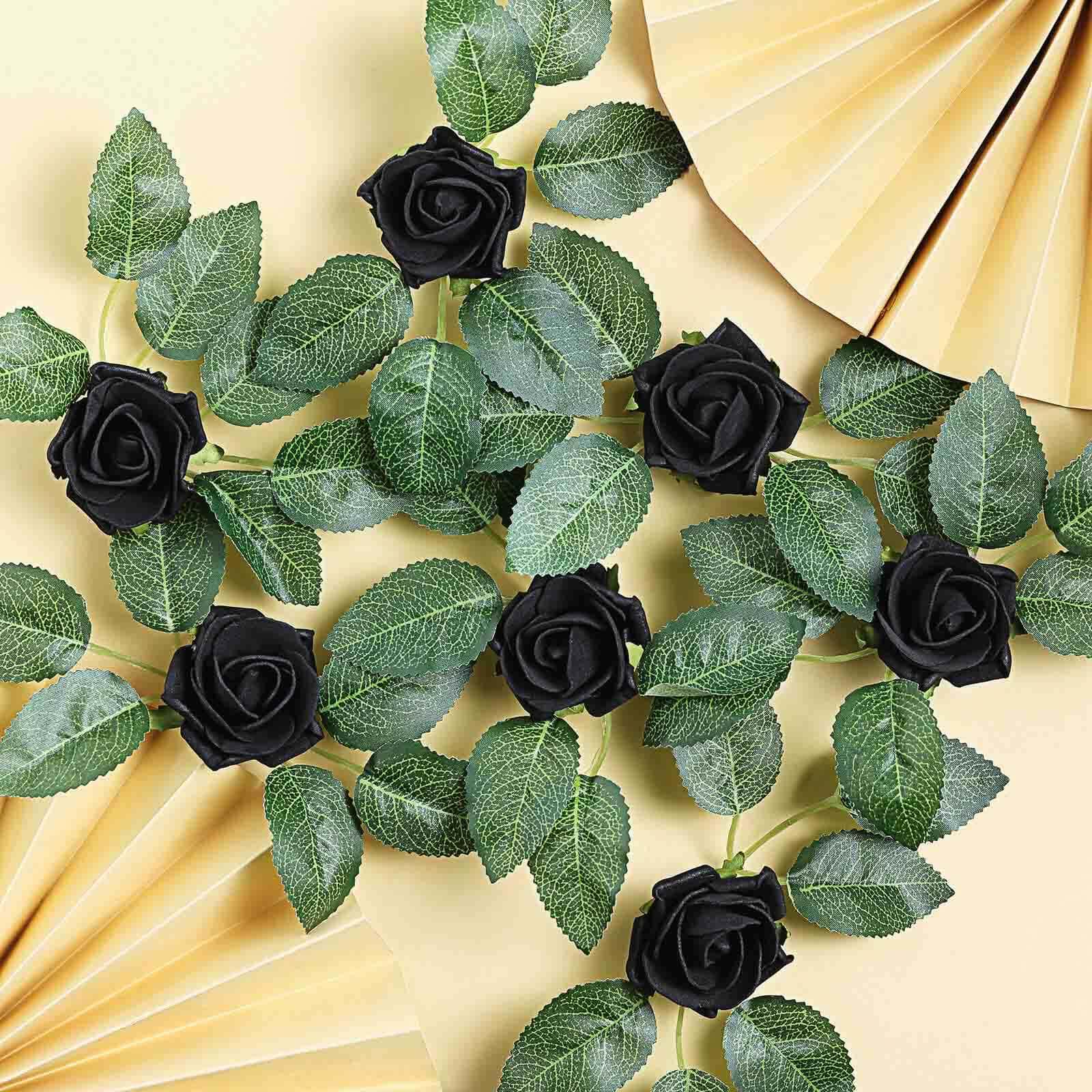 24 Roses 2 Black Artificial Foam Flowers With Stem Wire and Leaves