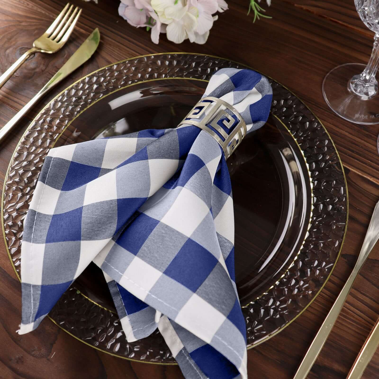 5 Pack Polyester 15x15 Napkins Navy Blue/White Buffalo Plaid Gingham Style Cloth Napkins