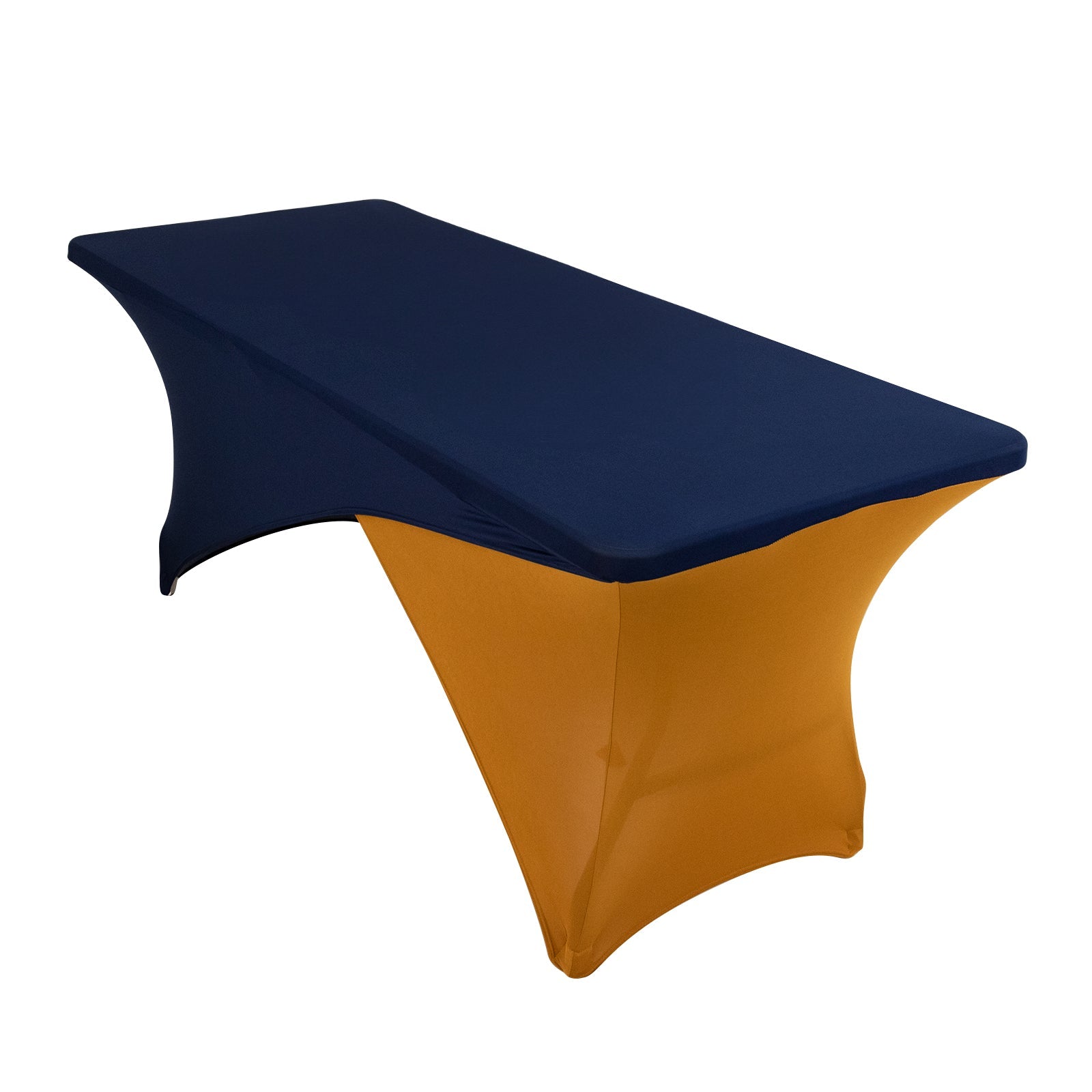 Stretch Spandex 72x30 Rectangle Table Cover Navy Blue/Gold Cross Over Design - Two-Piece Fitted Tablecloth with Elastic Foot Pockets