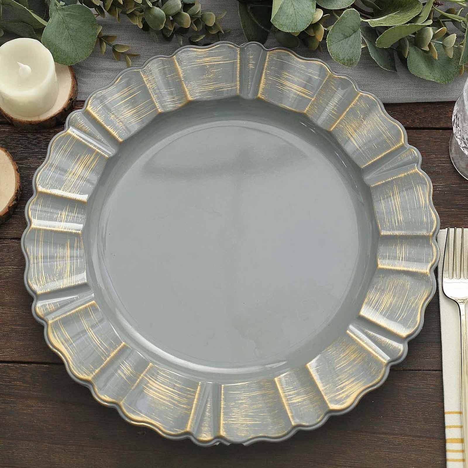 6-Pack Acrylic Plastic Round Charger Plates 13 in Charcoal Gray with Gold Brushed Wavy Scalloped Rim, Decorative Dinner Party Charger Tableware