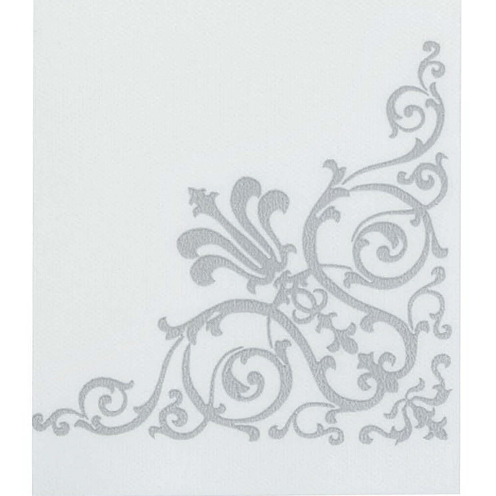 25 Pack Linen-Like Paper 8x4 Napkins White with Metallic Silver Foil Fleur Vintage Design - Classy Disposable Airlaid Hand Towels for Weddings & Events