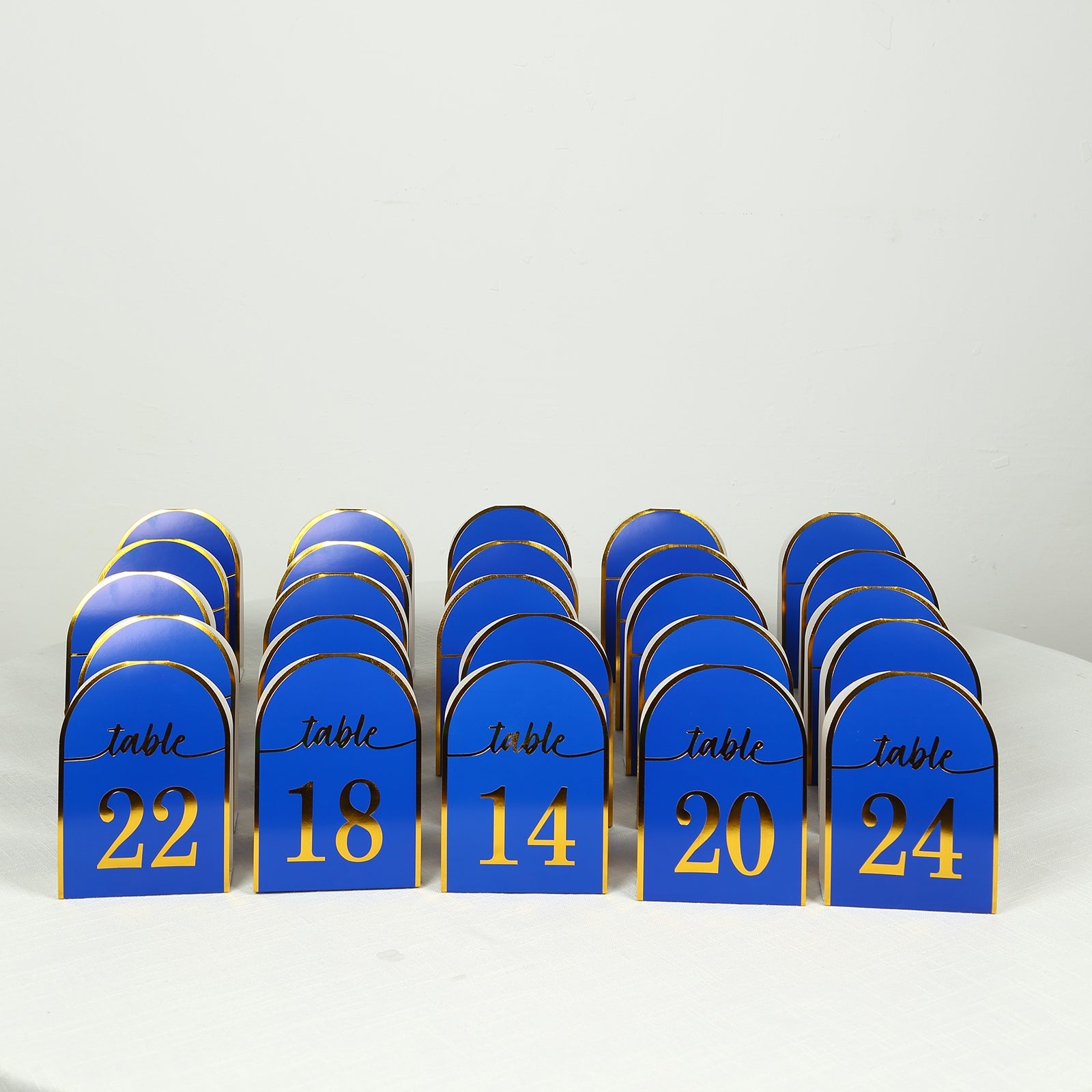 25-Pack Paper Wedding Table Numbers 1-25 Royal Blue Arch Cutout Design - Sleek & Modern Free Standing Double Sided Table Tent Cards with Metallic Gold Foil Numbers 7