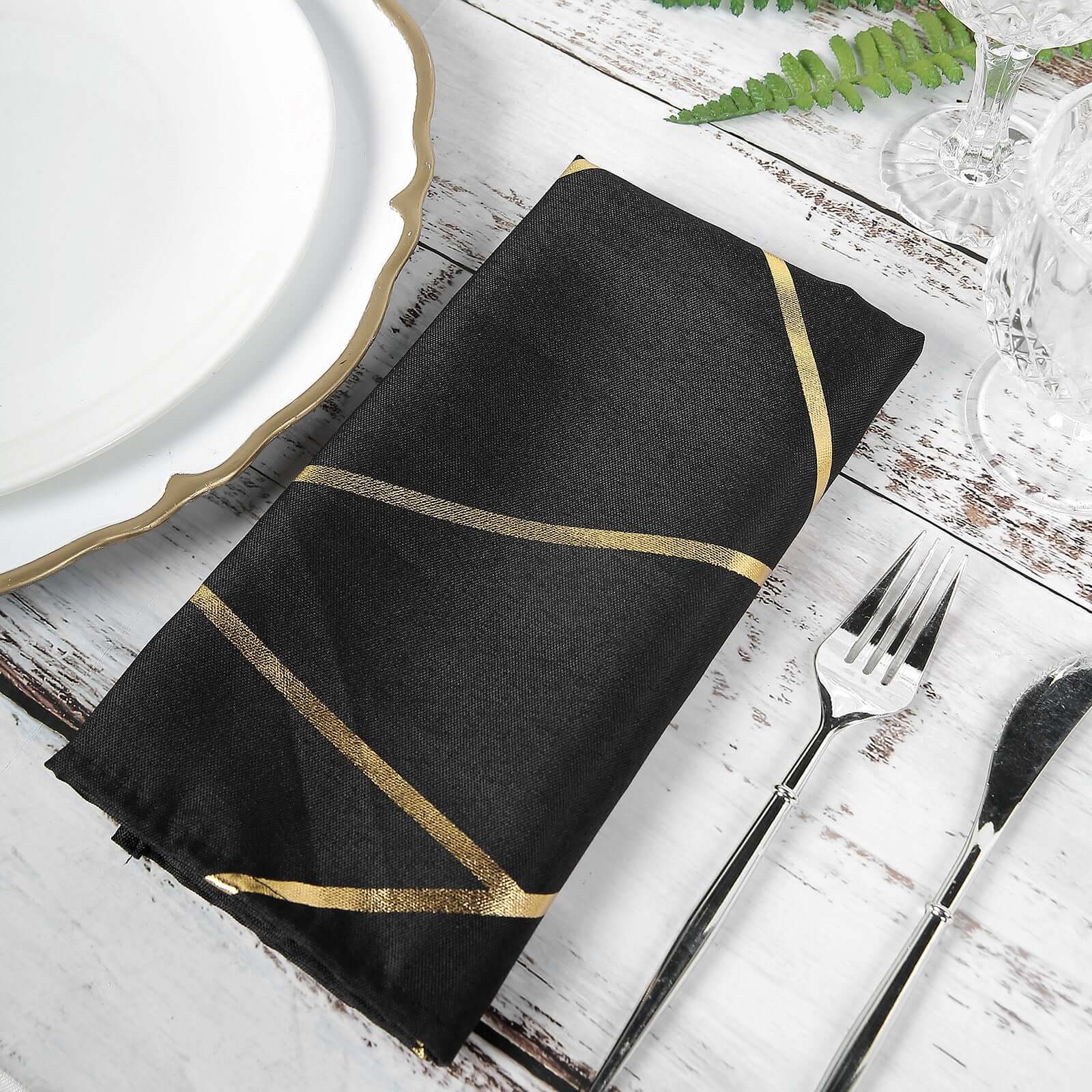 5 Pack Polyester 20x20 Napkins Black with Gold Geometric Foil Pattern - Modern Reusable Dinner Napkins