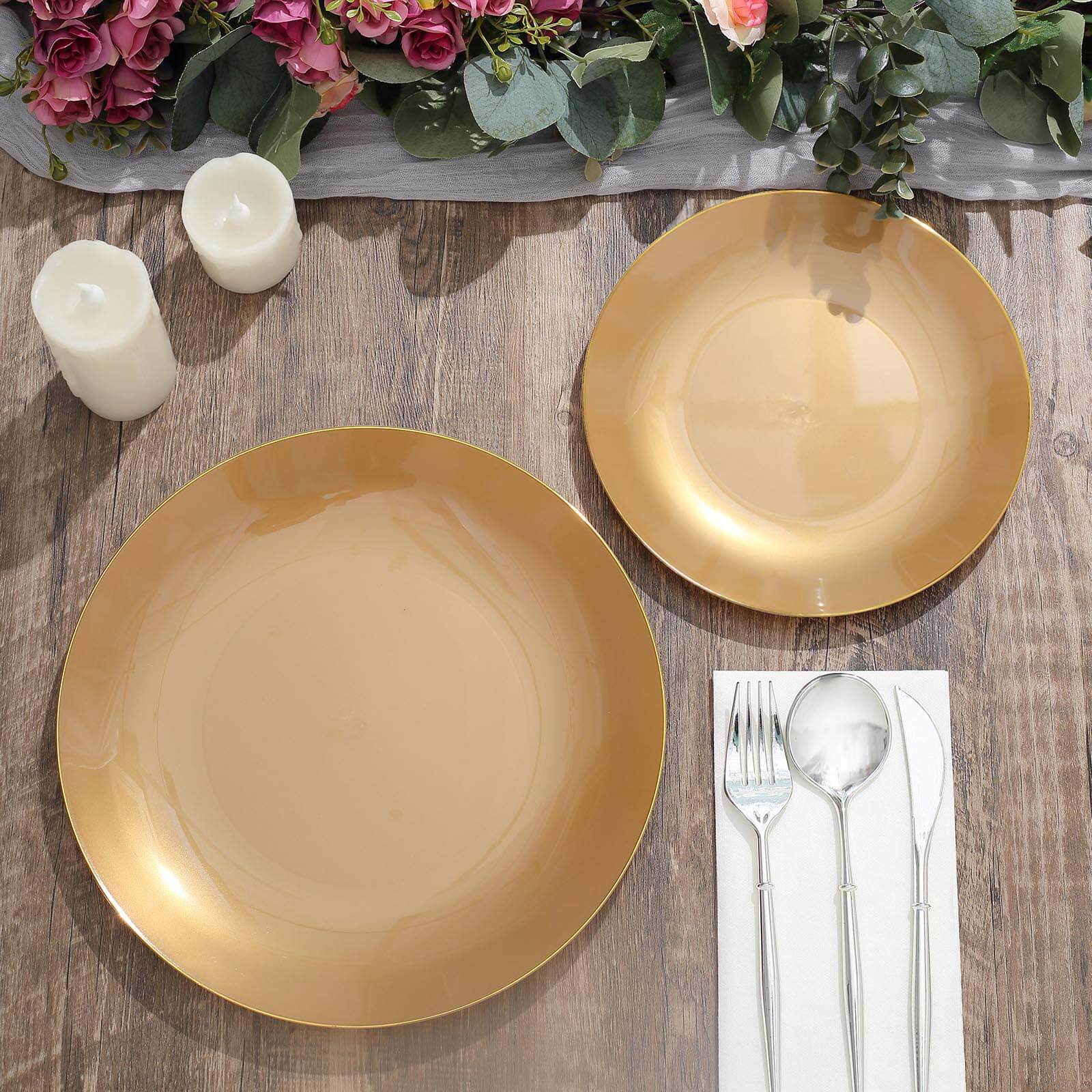 10-Pack Plastic 10 Round Dinner Plates in Gold with Gold Rim - Glossy Disposable Party Plates