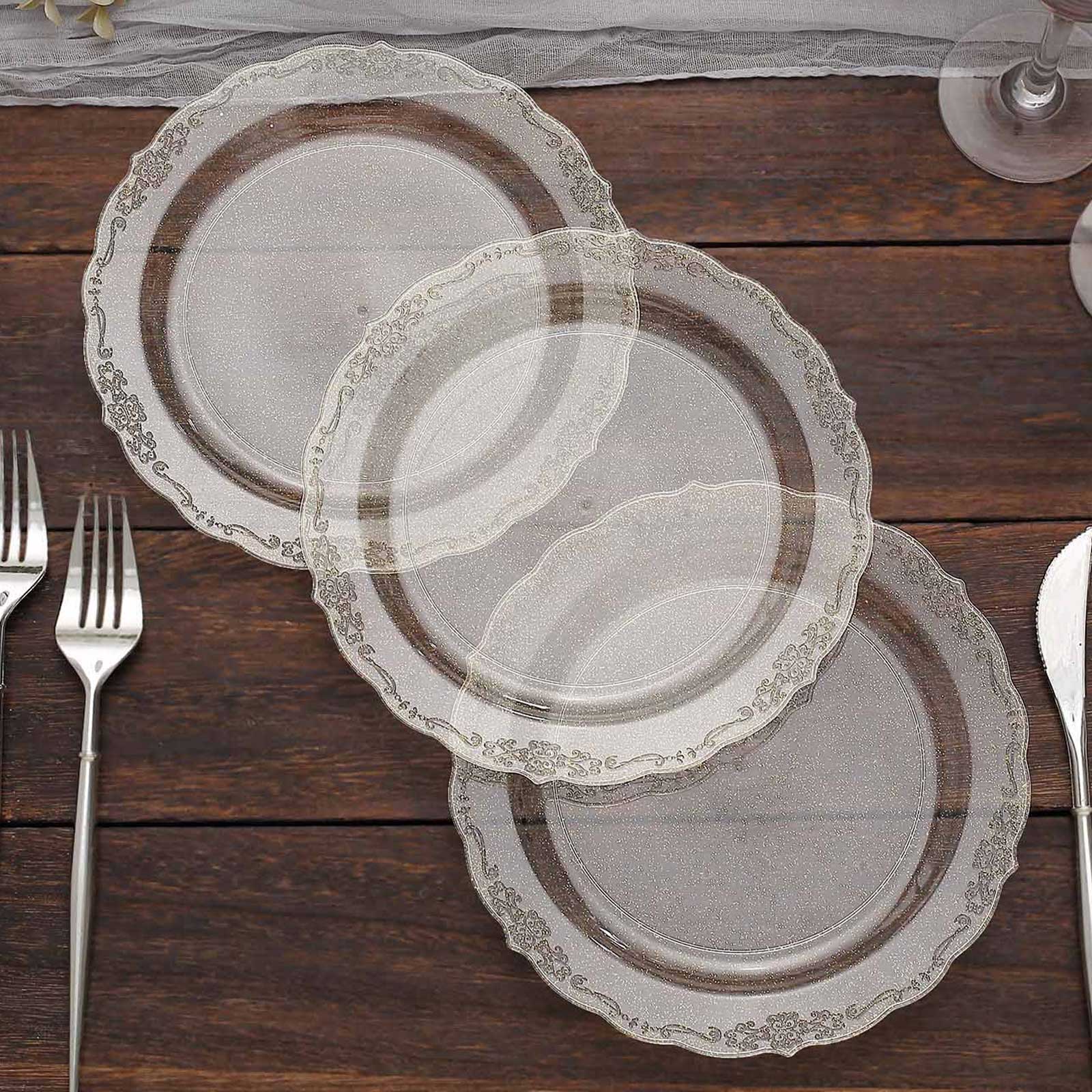 12-Pack Plastic 7 Round Salad Plates in Clear Gold Glittered with Floral Rim Scalloped Edges - Disposable Appetizer Salad Plates for Special Occasions & Banquets