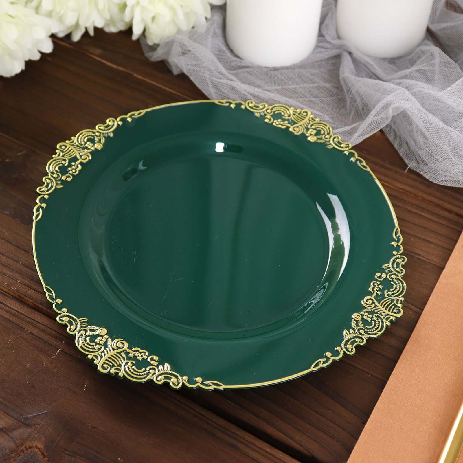 10-Pack Plastic 8 Round Dessert Plates in Hunter Emerald Green with Gold Leaf Embossed Rim - Disposable Vintage Baroque Style Salad Plates