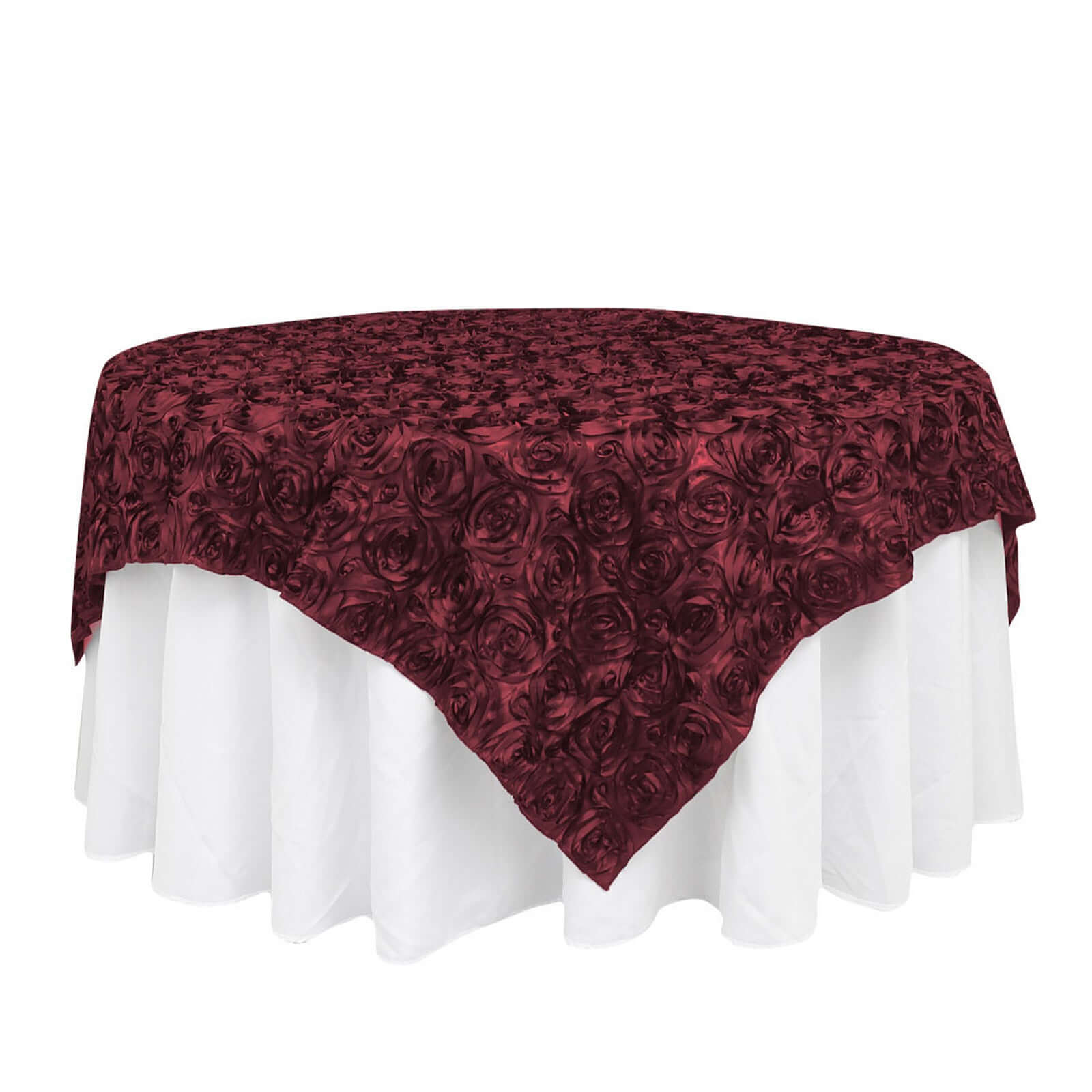 Satin 72x72 Table Overlay Square Tablecloth Burgundy - 3D Rosette Table Cover