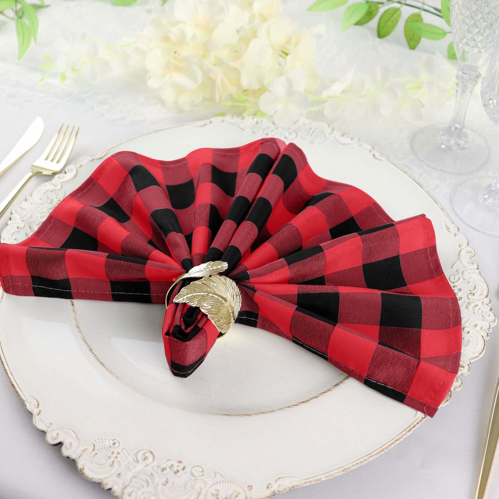 5 Pack Polyester 15x15 Napkins Black/Red Buffalo Plaid Gingham Style Cloth Napkins