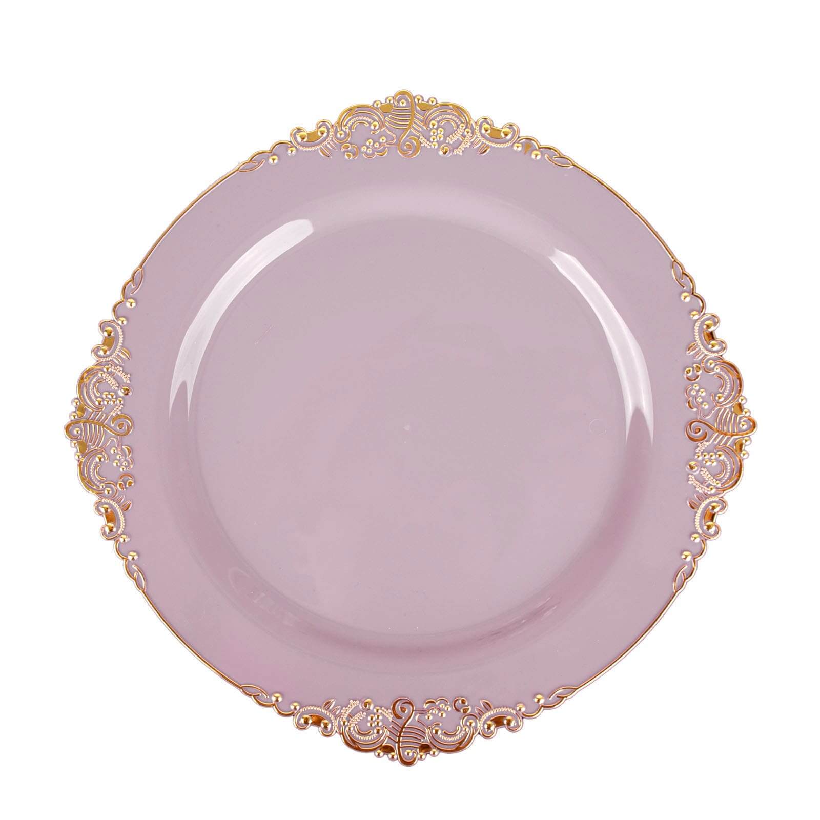 10-Pack Plastic 8 Round Dessert Plates in Lavender Lilac with Gold Leaf Embossed Rim - Disposable Vintage Baroque Style Salad Plates