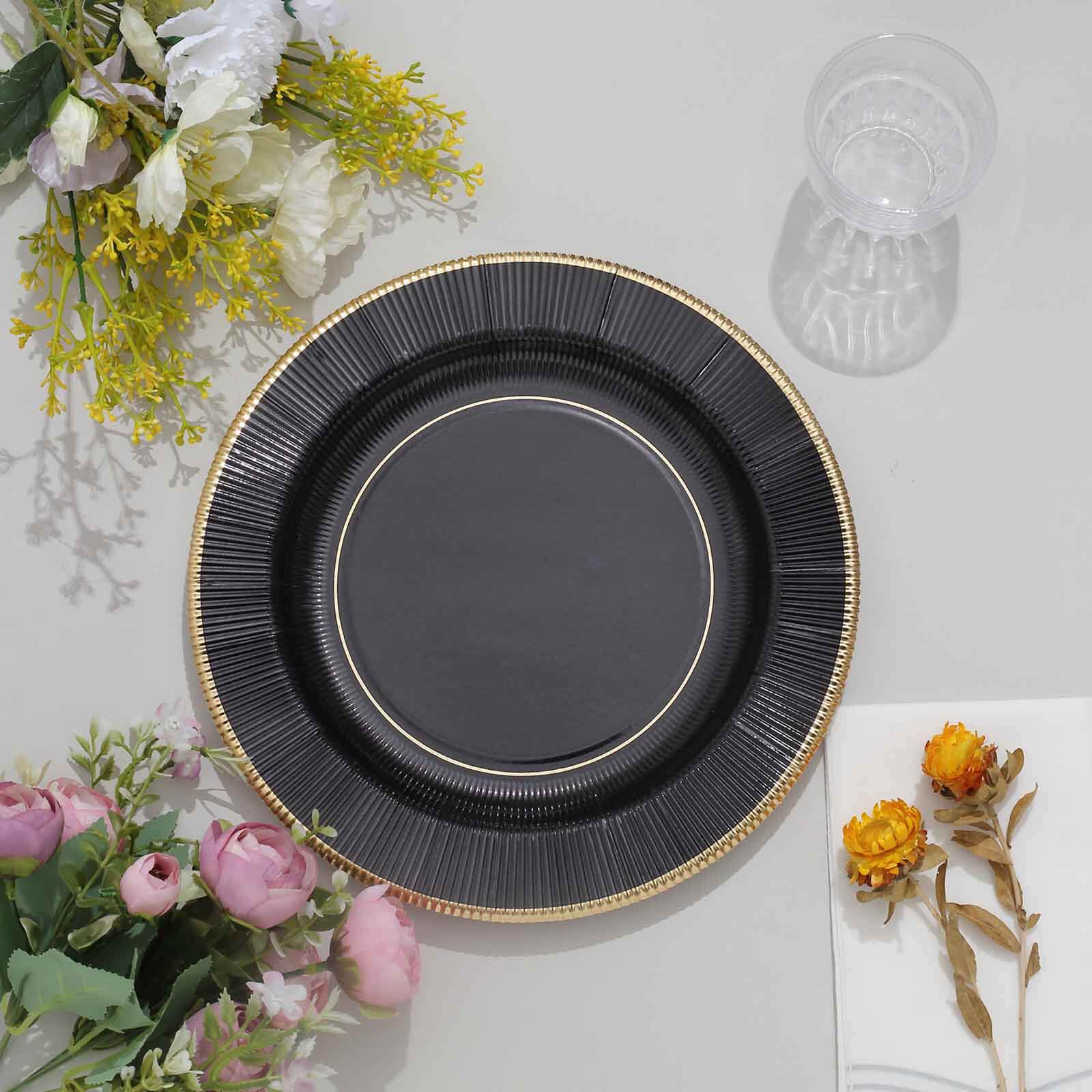 25-Pack Paper 10 Round Dinner Plates in Black Sunray Design with Gold Rim - Disposable Heavy Duty 350GSM Party Plates for Banquets & Celebrations