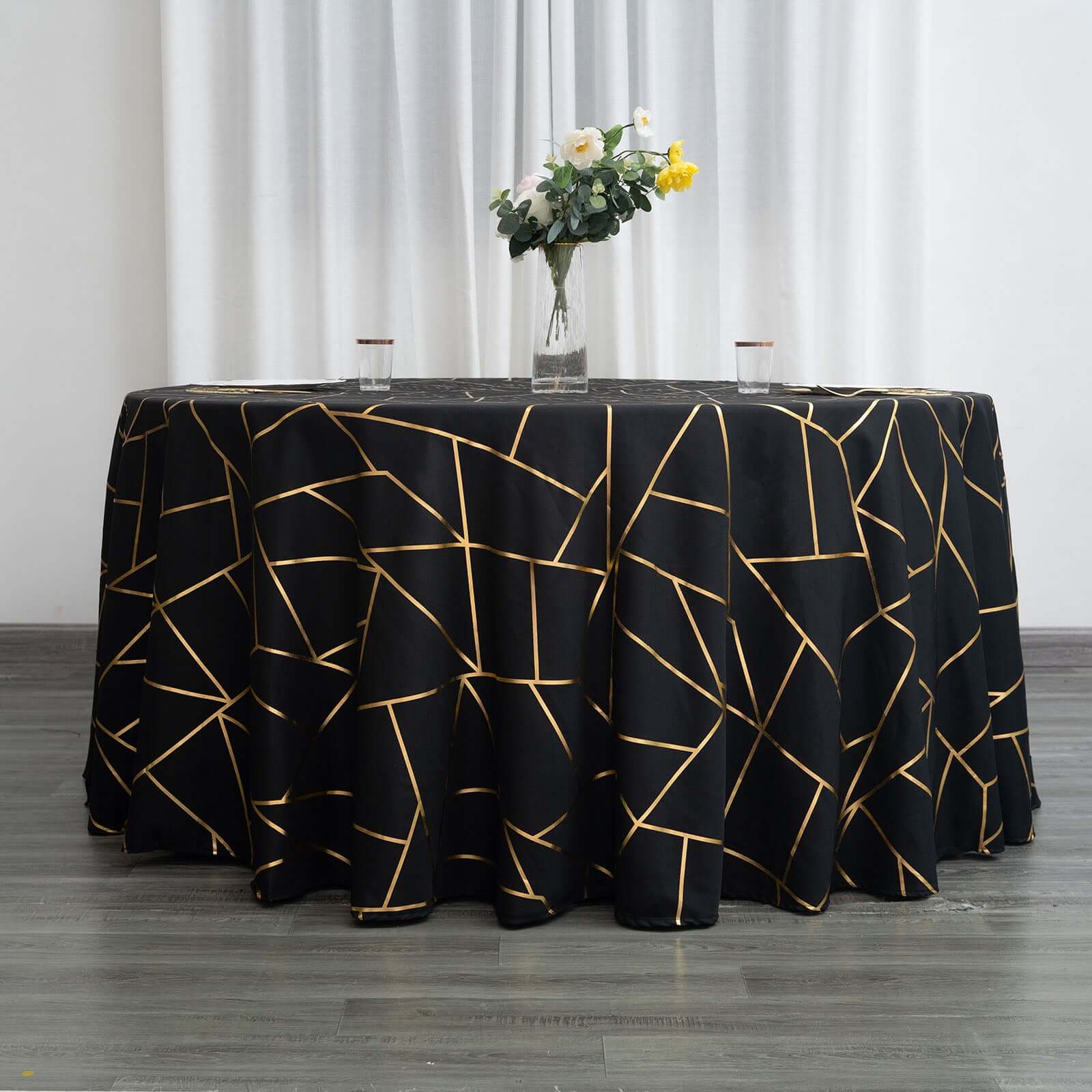 Polyester 120 Round Tablecloth Black with Gold Foil Geometric Pattern Wrinkle-Resistant Seamless Table Cover