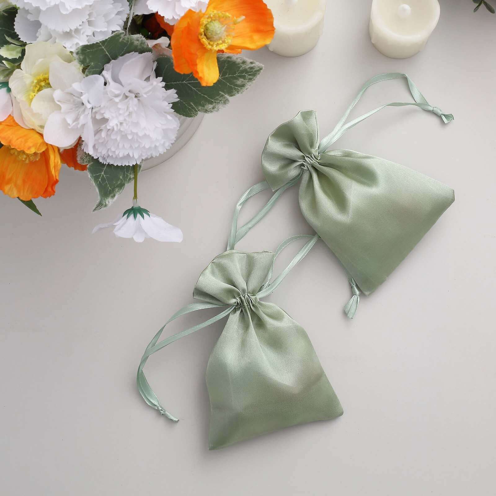 12 Pack 4x6 Sage Green Satin Drawstring Wedding Party Favor Gift Bags