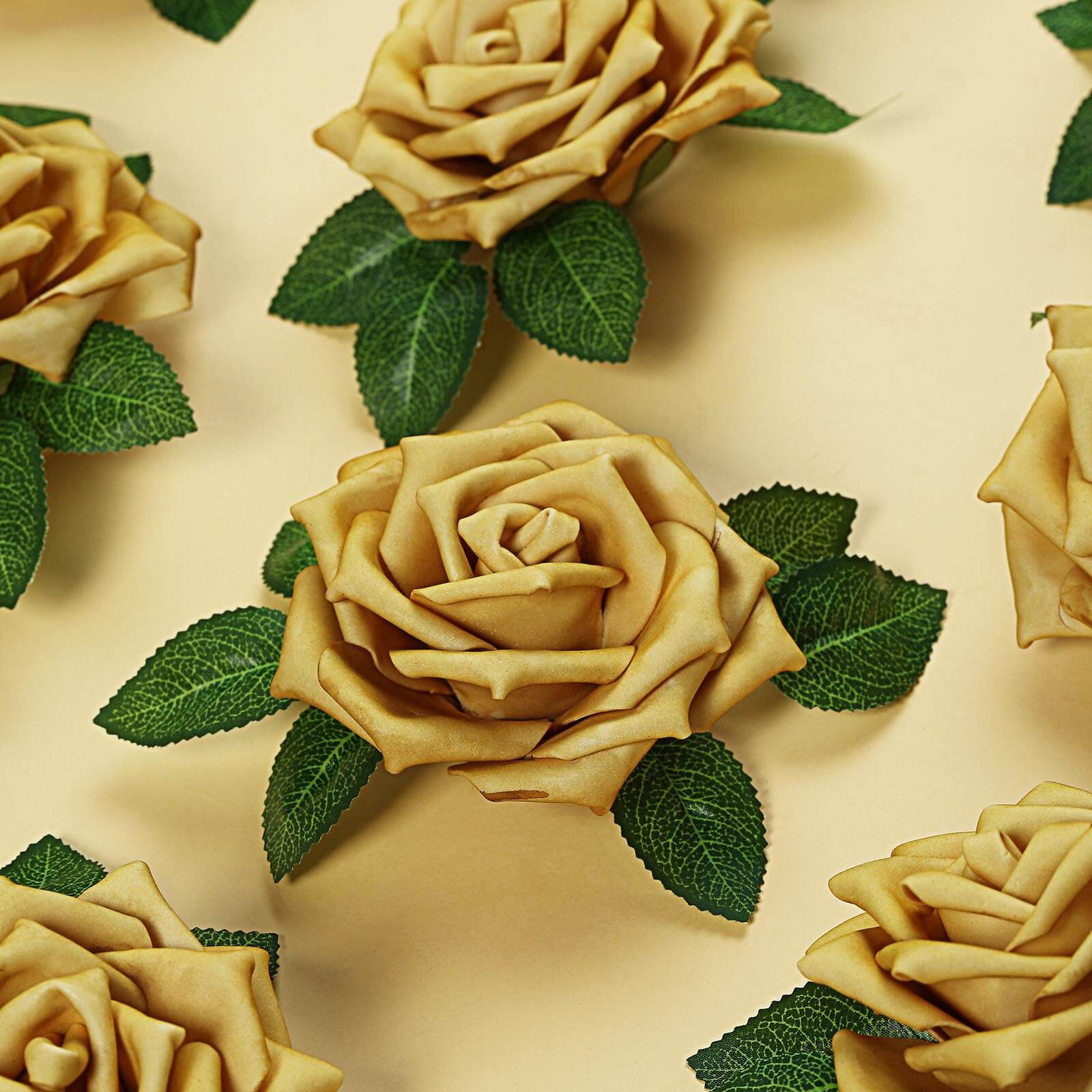 24 Roses 5 Gold Artificial Foam Flowers With Stem Wire and Leaves