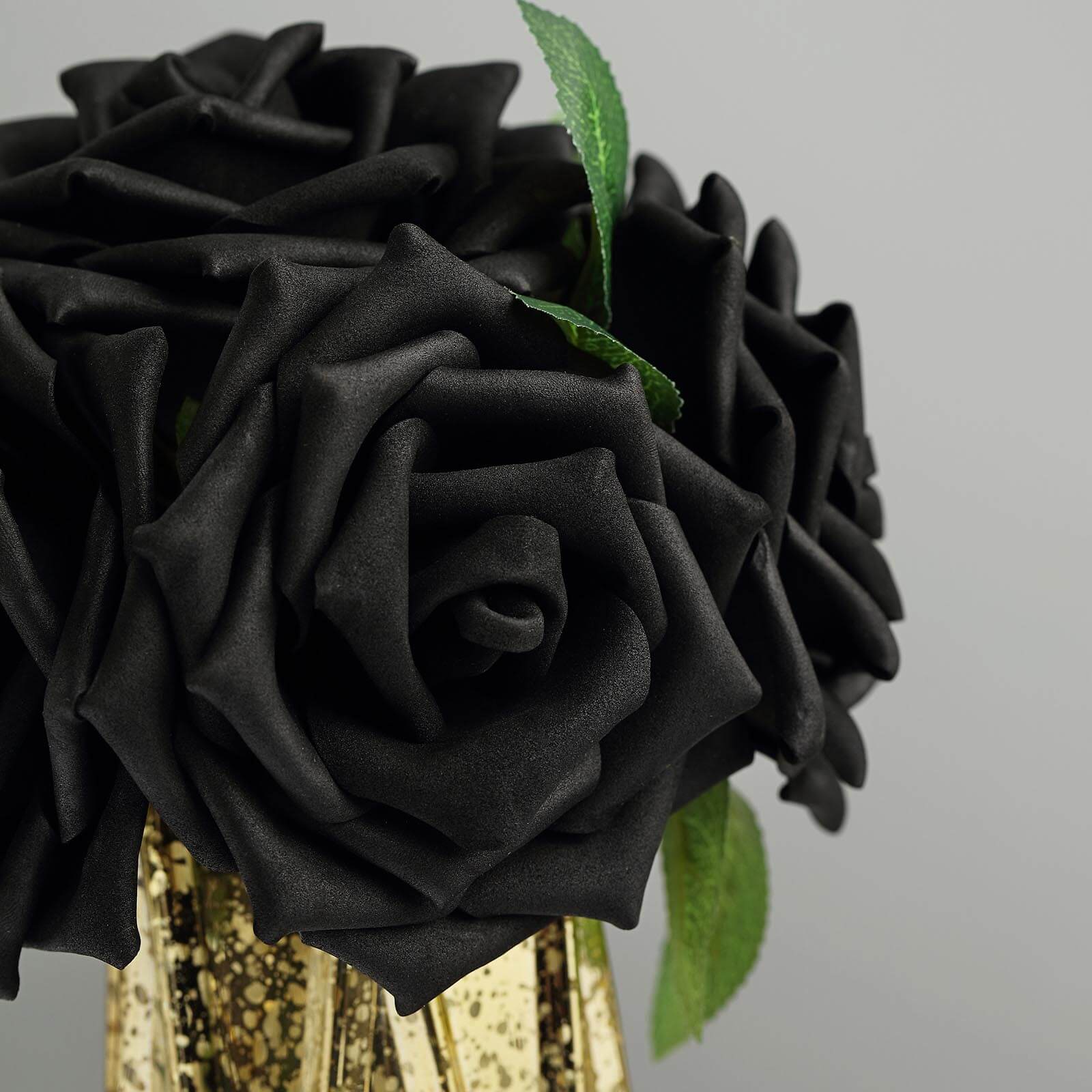 24 Roses 5 Black Artificial Foam Flowers With Stem Wire and Leaves