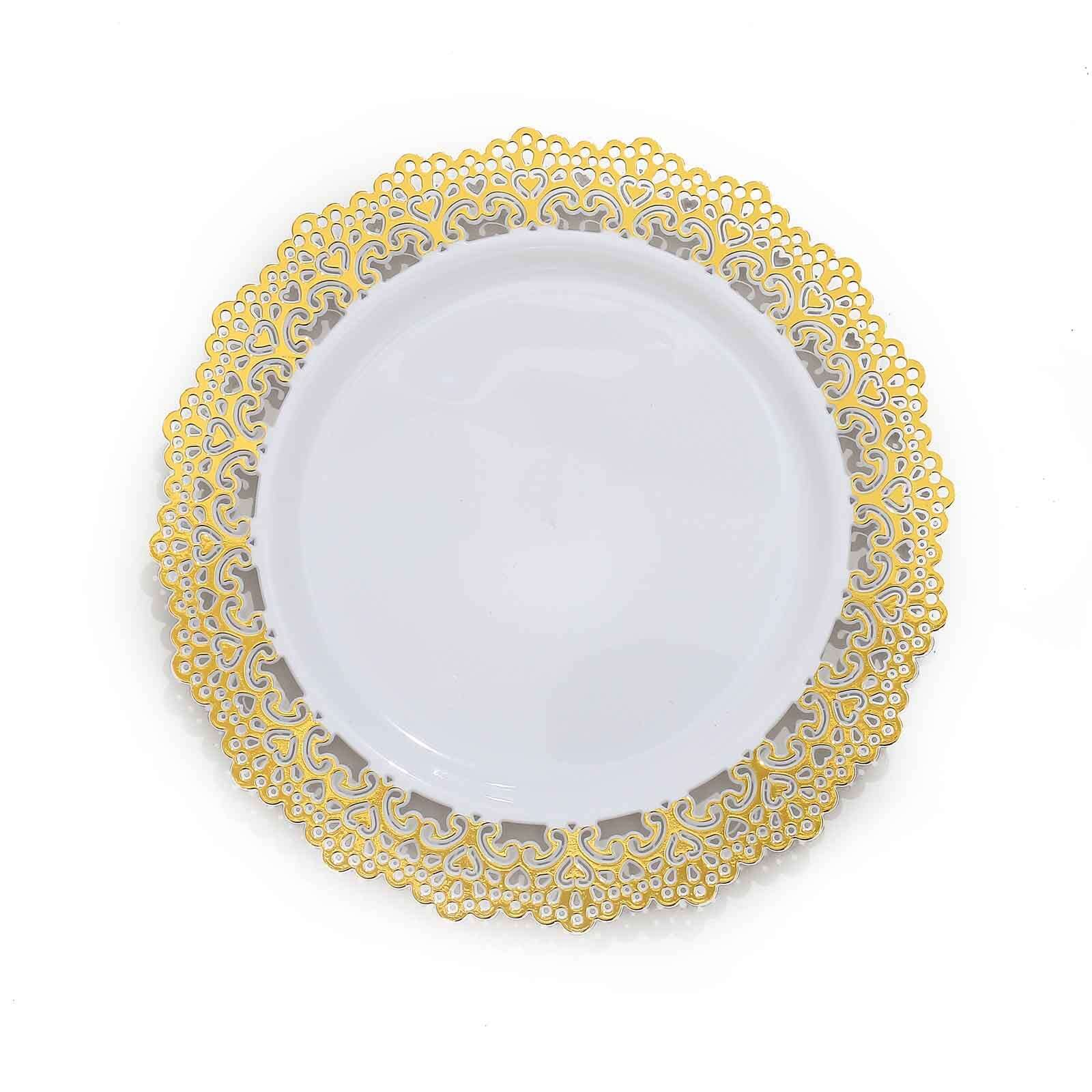 10-Pack Plastic 10 Round Dinner Plates in White with Gold Lace Rim - Disposable Party Plates for Classy Events & Banquets