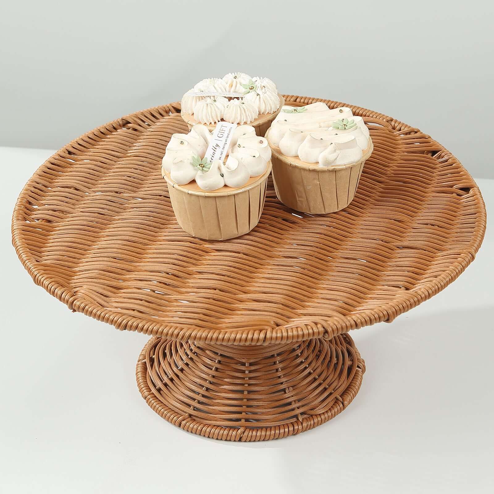 Plastic Round Rattan Wicker Pedestal Cake Stand Natural - Reusable Rustic Cupcake Holder Dessert Table Display Centerpiece for Home Parties & Events 12