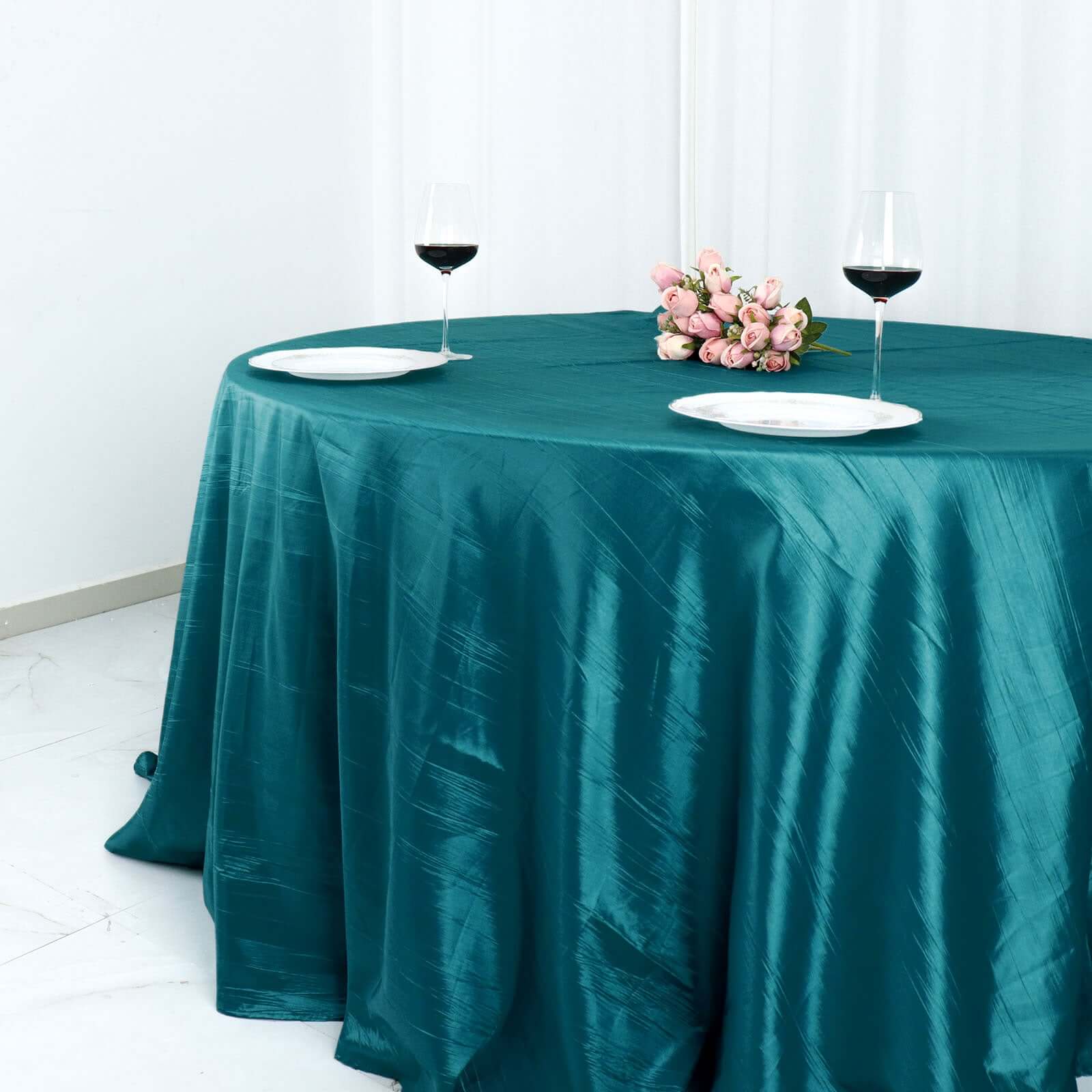 Taffeta 132 Round Tablecloth Peacock Teal - Seamless Accordion Crinkle Table Cover