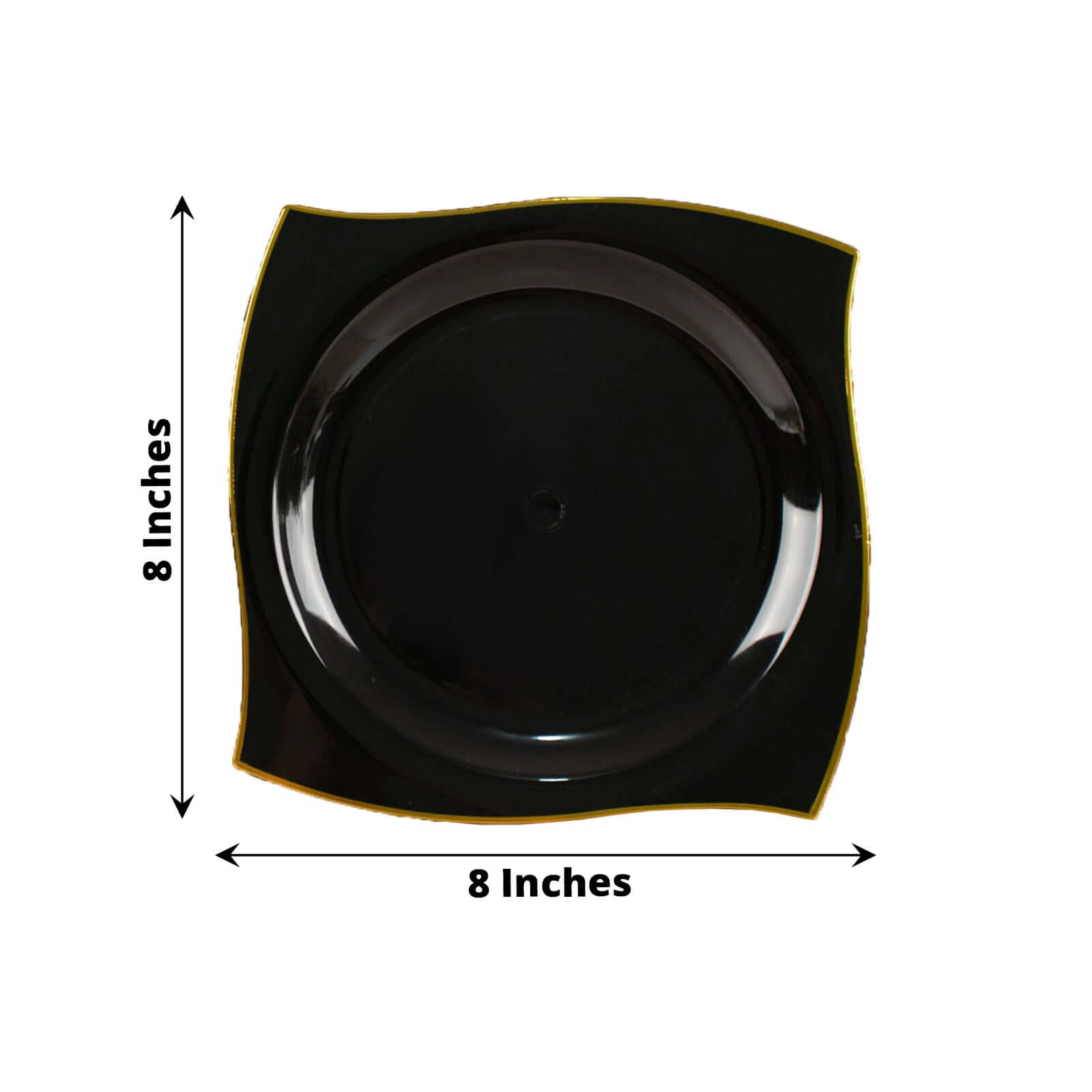 10-Pack Plastic 8 Square Dessert Plates in Black with Gold Wavy Rim Modern - Disposable Salad Appetizer Party Plates