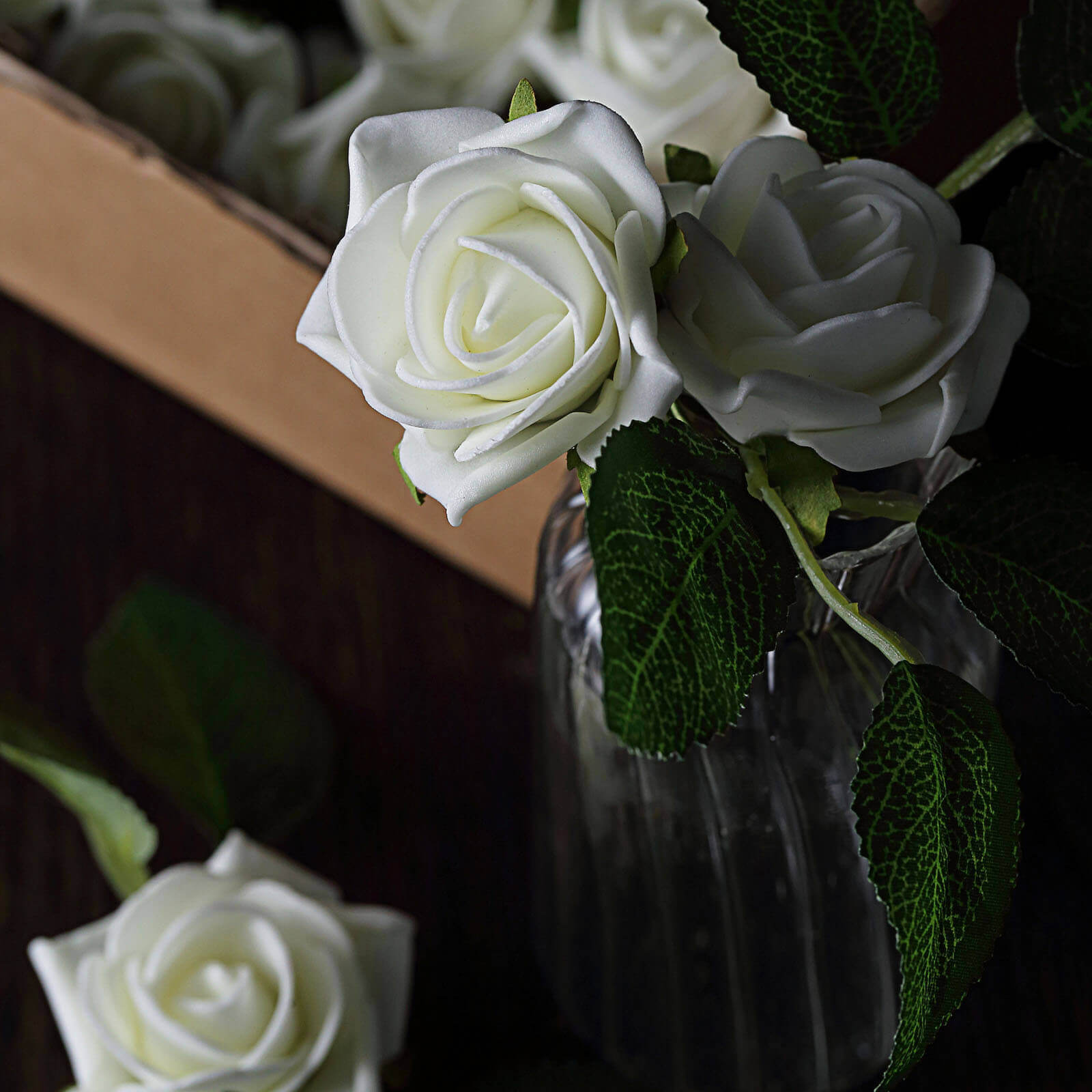 24 Roses 2 Ivory Artificial Foam Flowers With Stem Wire and Leaves