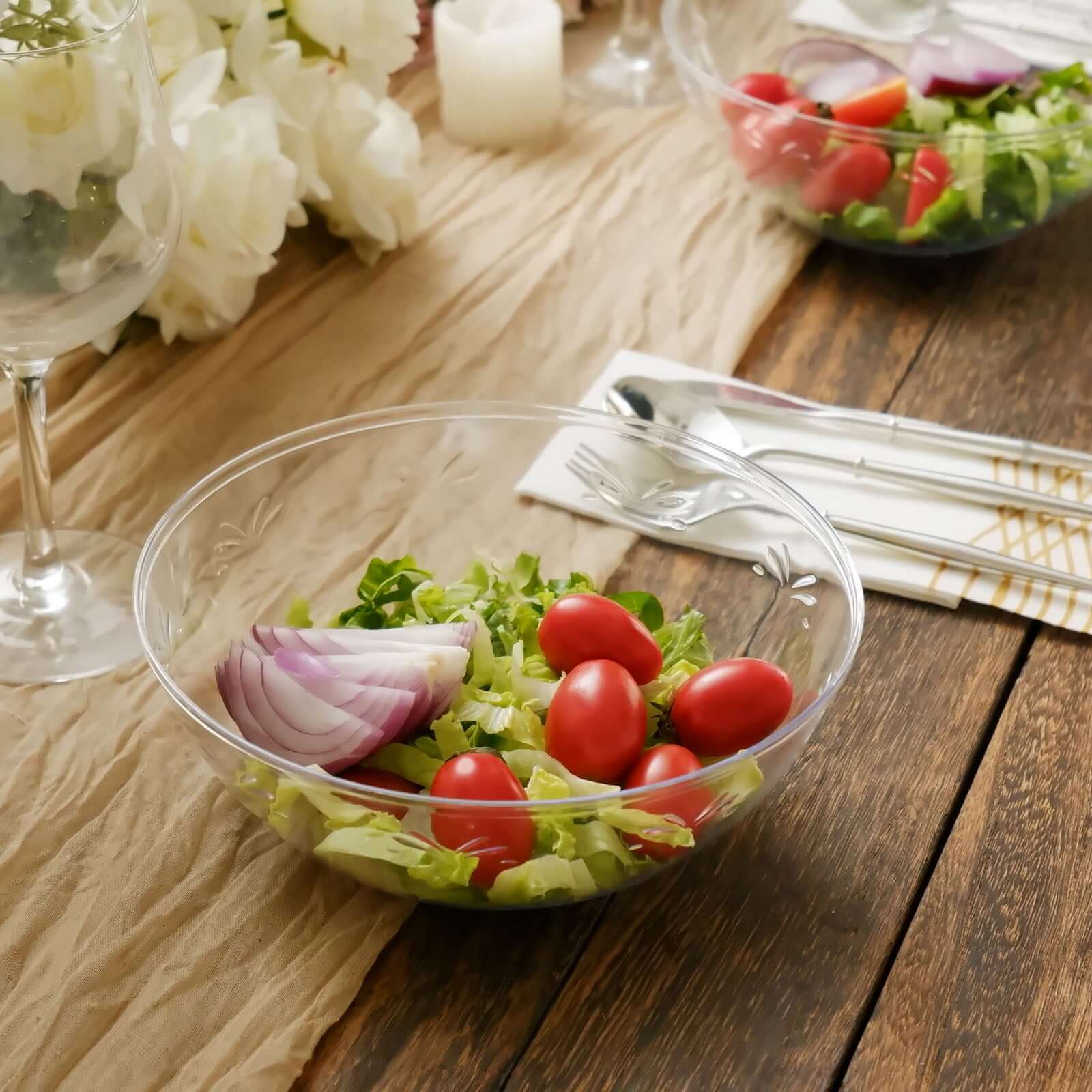 4-Pack Plastic Salad Bowls Clear - Sturdy Medium Disposable Dishes for Parties 32oz