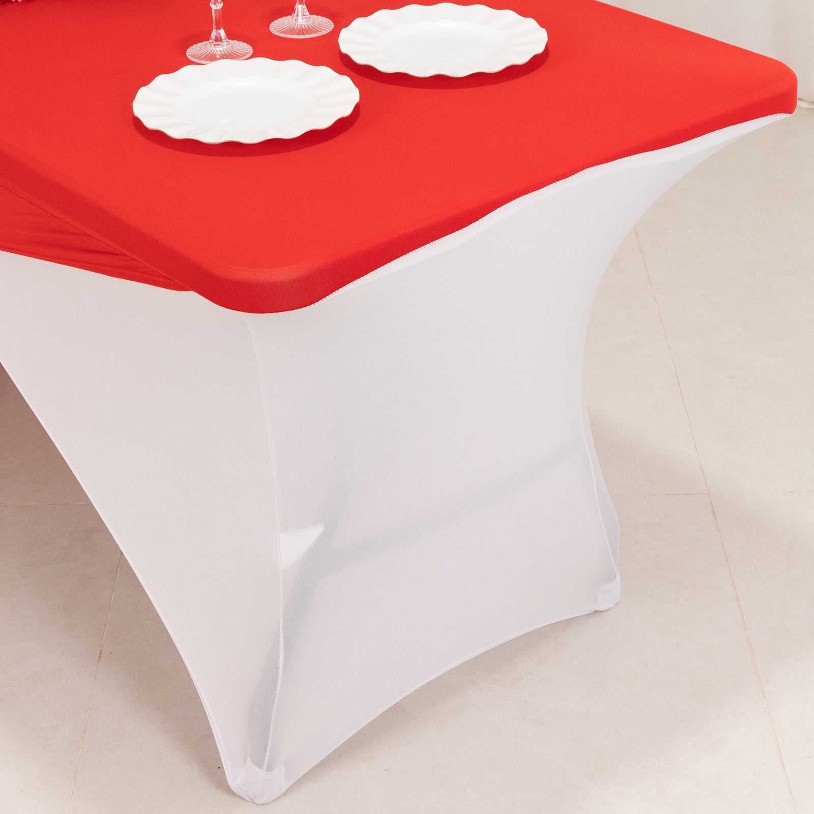 Stretch Spandex 72x30 Rectangle Table Cover Red/White Cross Over Design - Versatile & Sleek Two-Piece Fitted Tablecloth with Elastic Foot Pockets