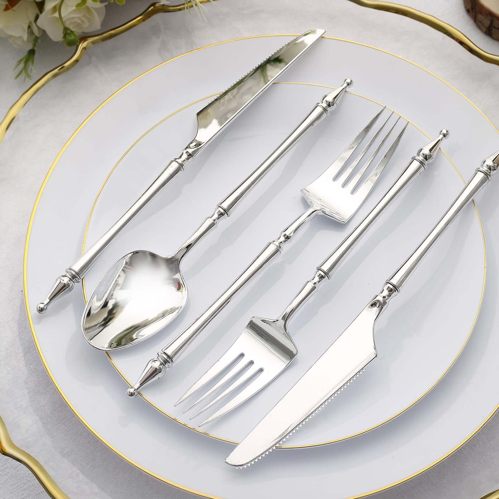 24-Pack Plastic Utensil Set with Roman Column Handle Silver - Disposable Silverware