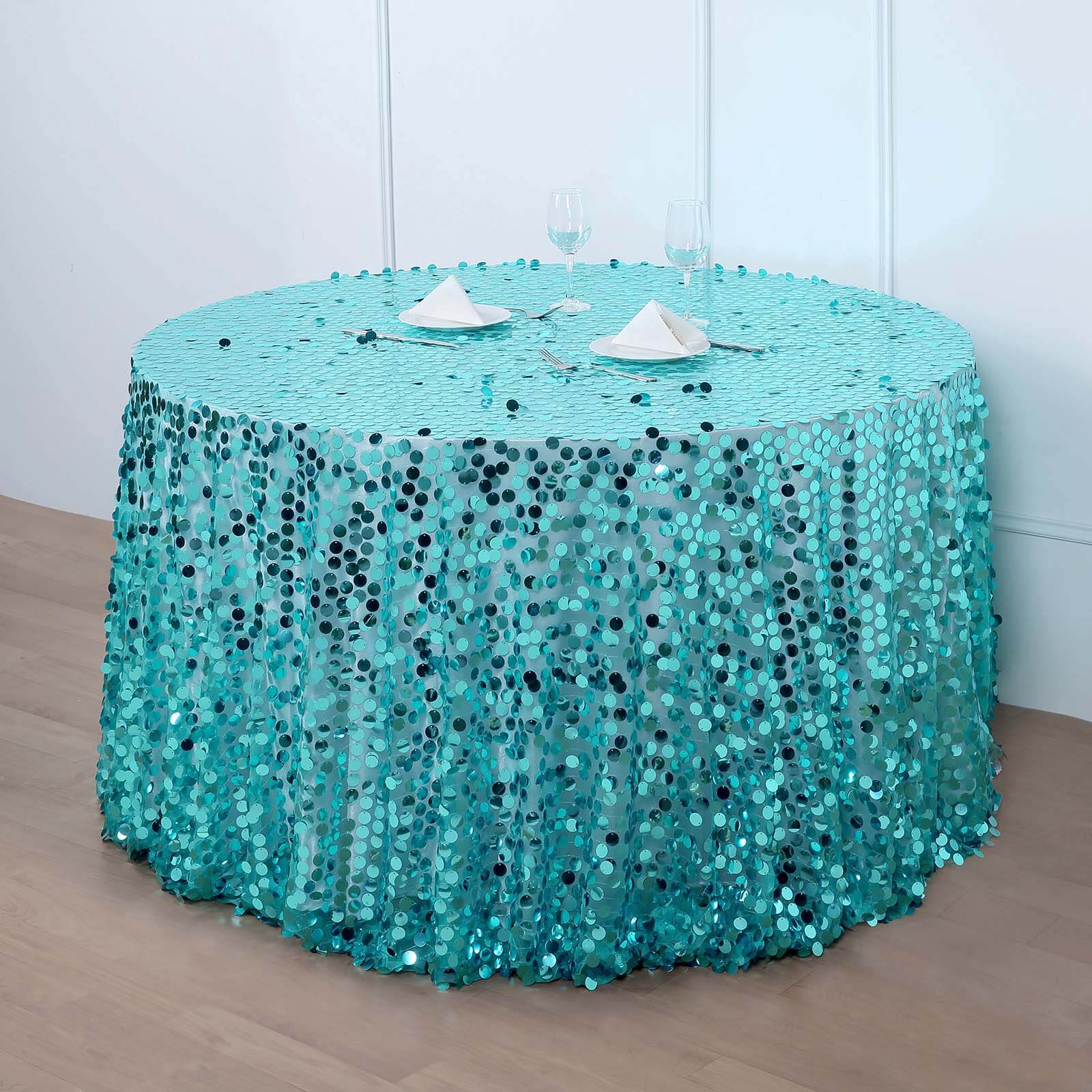 Sequin 120 Round Tablecloth Turquoise - Seamless Big Payette Table Cover