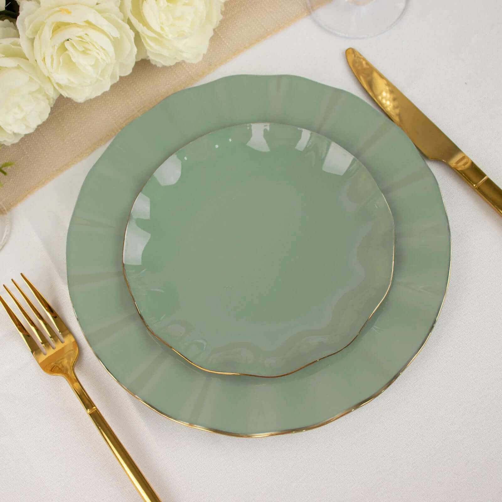 10-Pack Plastic Round 6 Dessert Plates in Dusty Sage Green Ruffled Rim with Gold Edging - Sturdy Disposable Salad Appetizer Dinnerware