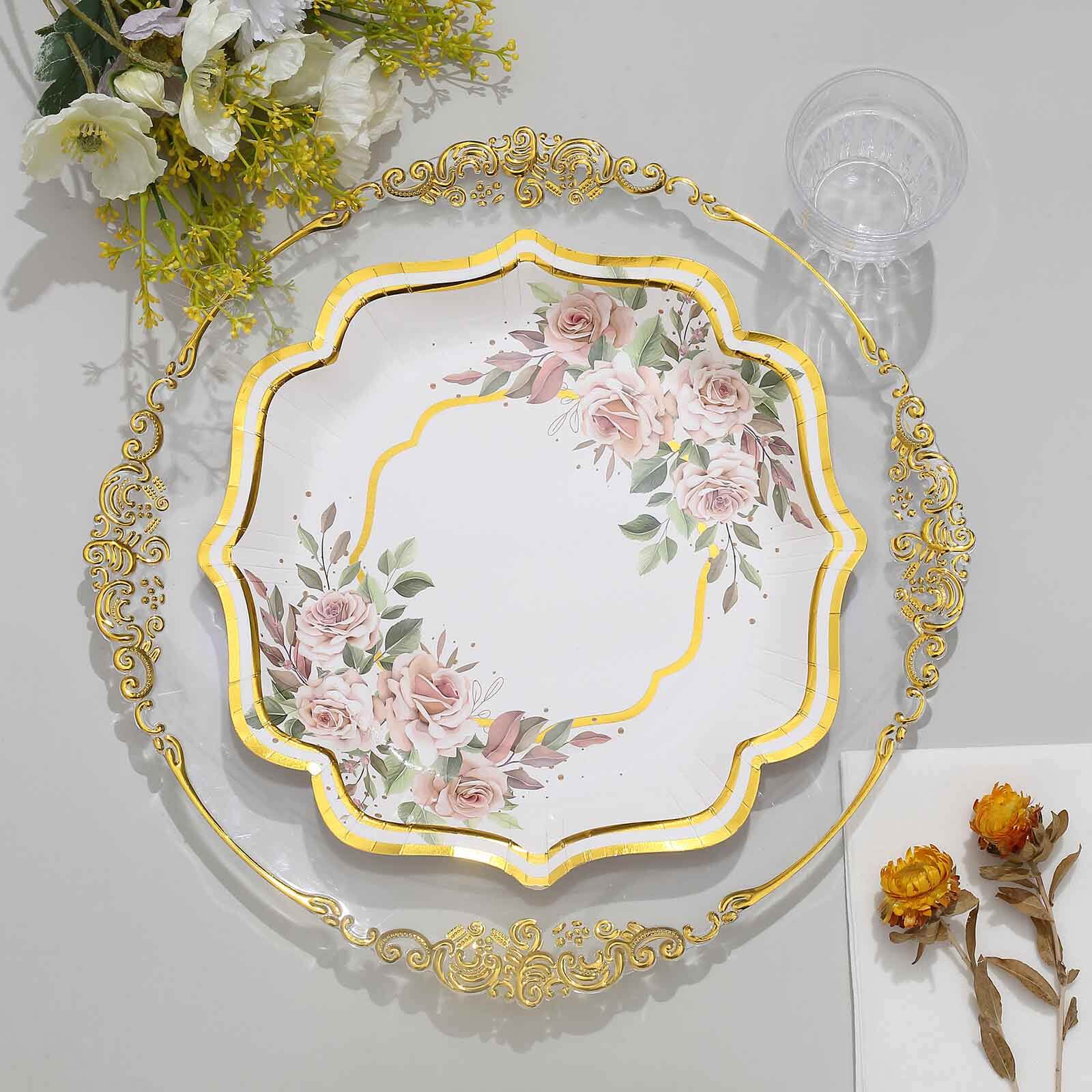 25-Pack Paper 10 Dinner Plates in White with Floral Print & Gold Scallop Rim - Disposable 300GSM Party Plates for Cocktail Events & Receptions