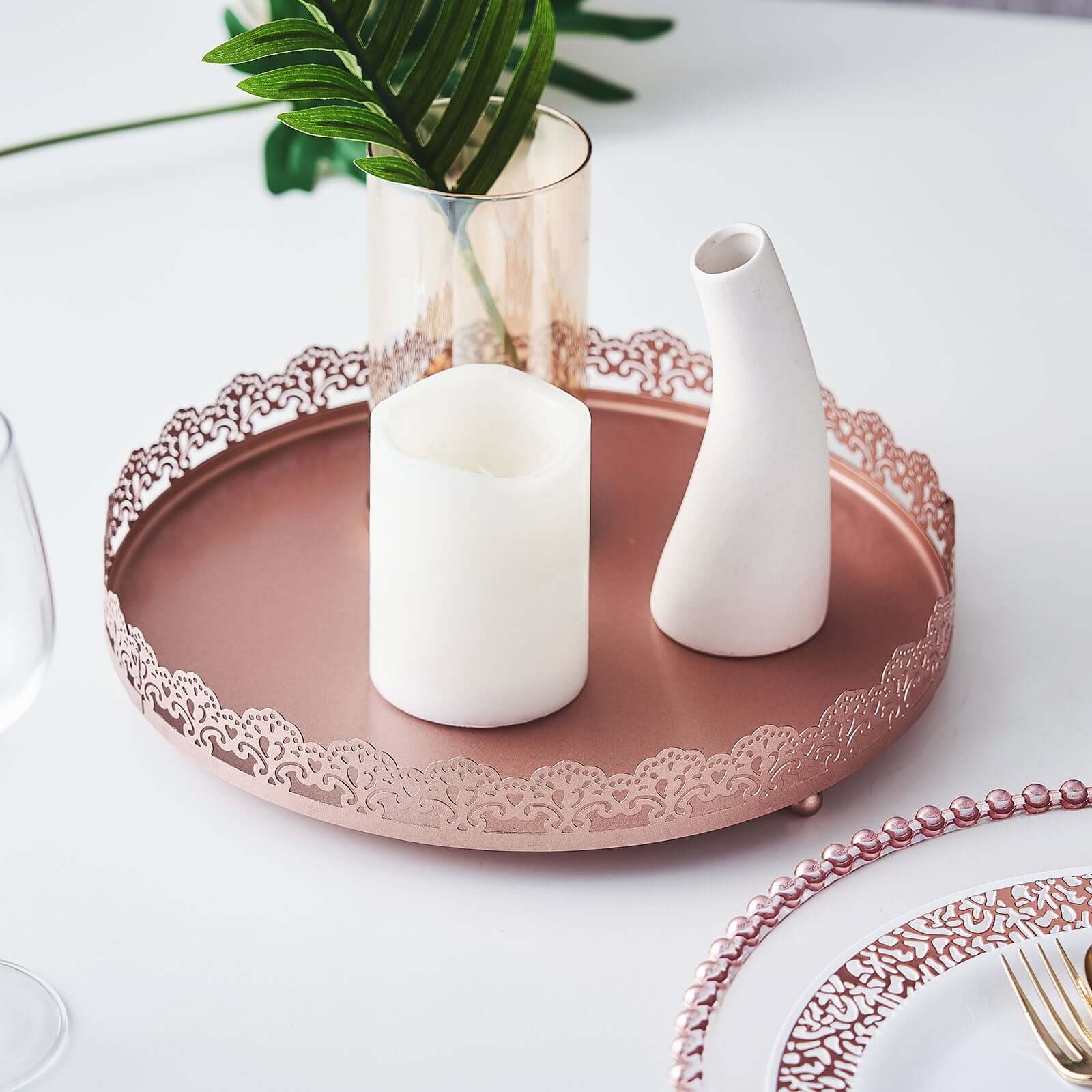 Metal Round Serving Tray 12 in Rose Gold with Embellished Rims, Stylish Decorative Vanity Tray Centerpiece