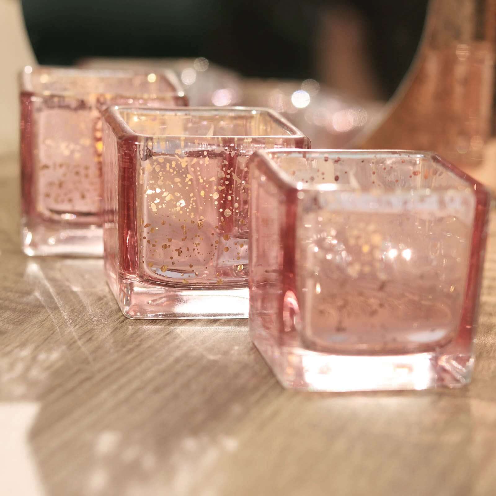 12-Pack Mercury Glass Candle Holders Rose Gold with Speckled Design - Square Votive Tealight Holders 2