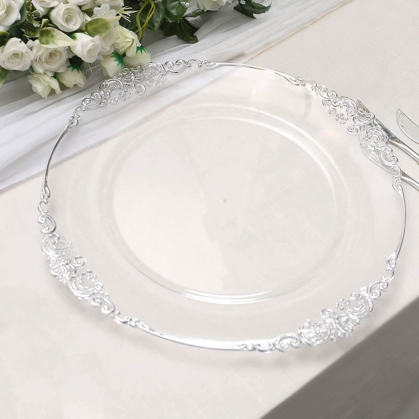 6-Pack Acrylic Round Charger Plates 13 in Clear with Silver Embossed Baroque Rim, Antique Decorative Dinner Party Charger Tableware