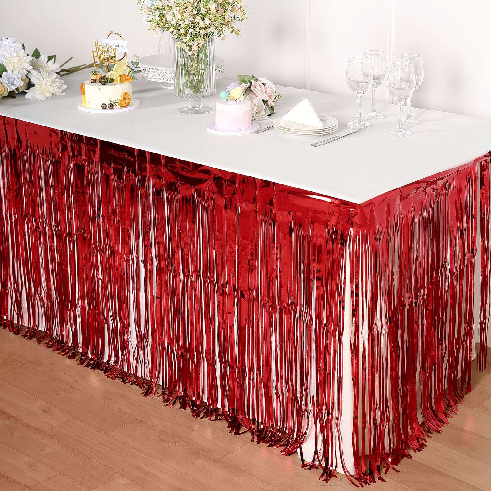 Metallic Foil Fringe Table Skirt Red with Self Adhesive Backing - Durable Tinsel Skirt for Parties 30x9ft