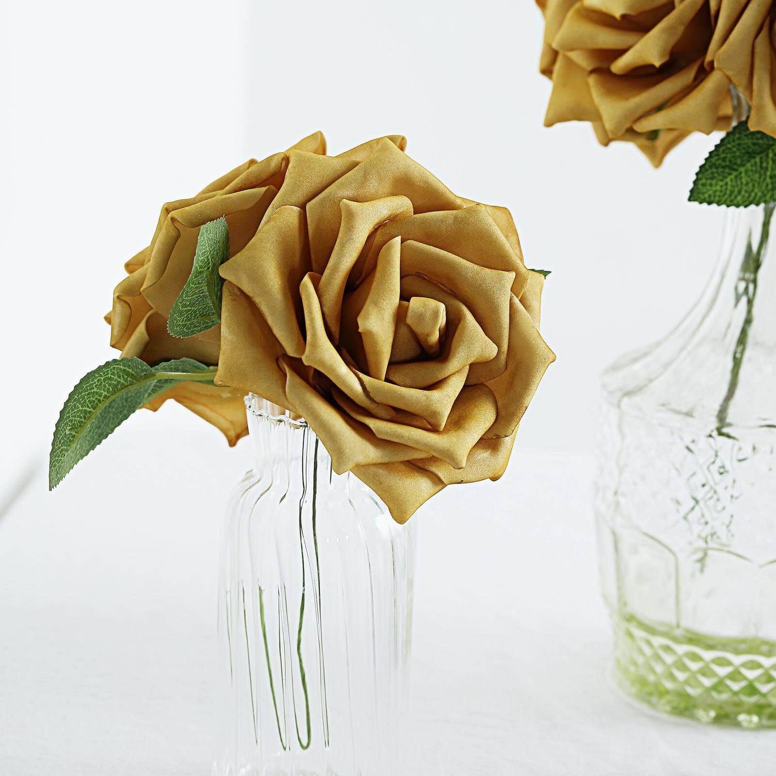 24 Roses 5 Gold Artificial Foam Flowers With Stem Wire and Leaves