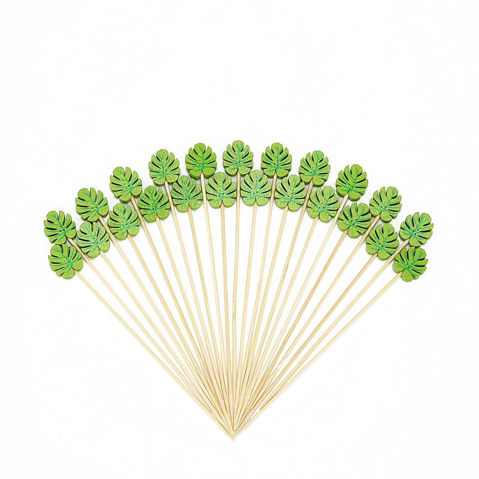 100-Pack Bamboo Cocktail Sticks Tropical Leaf Decorative Top Design - Eco Friendly Party Picks 5