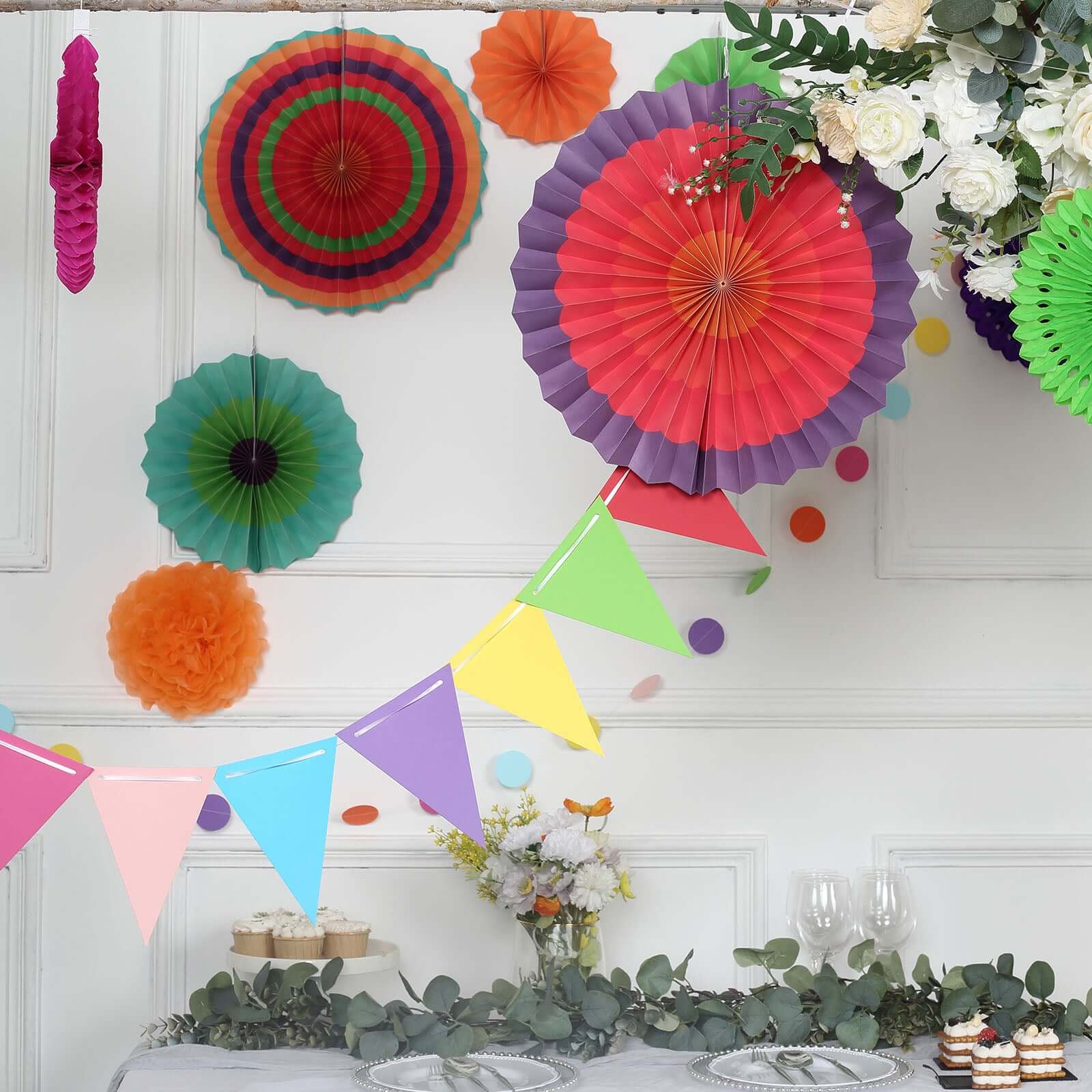 20Pcs Colorful Hanging Fiesta Themed Party Decorations Set, Paper Fans, Pom Pom Flowers, Polka Dot and Bunting Flag Garlands Included