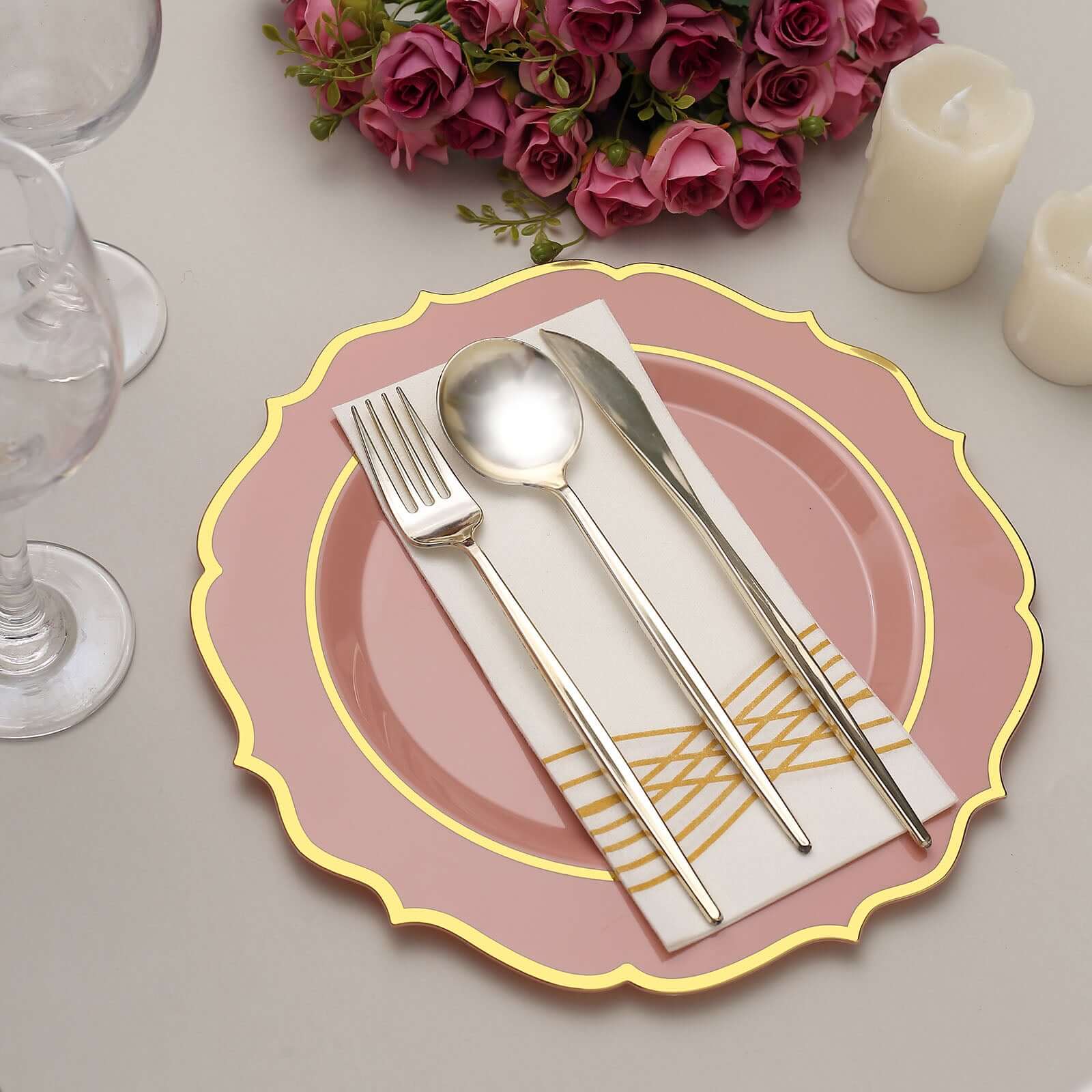 10-Pack Plastic 10 Round Dinner Plates in Dusty Rose with Gold Scalloped Rim - Disposable Party Plates