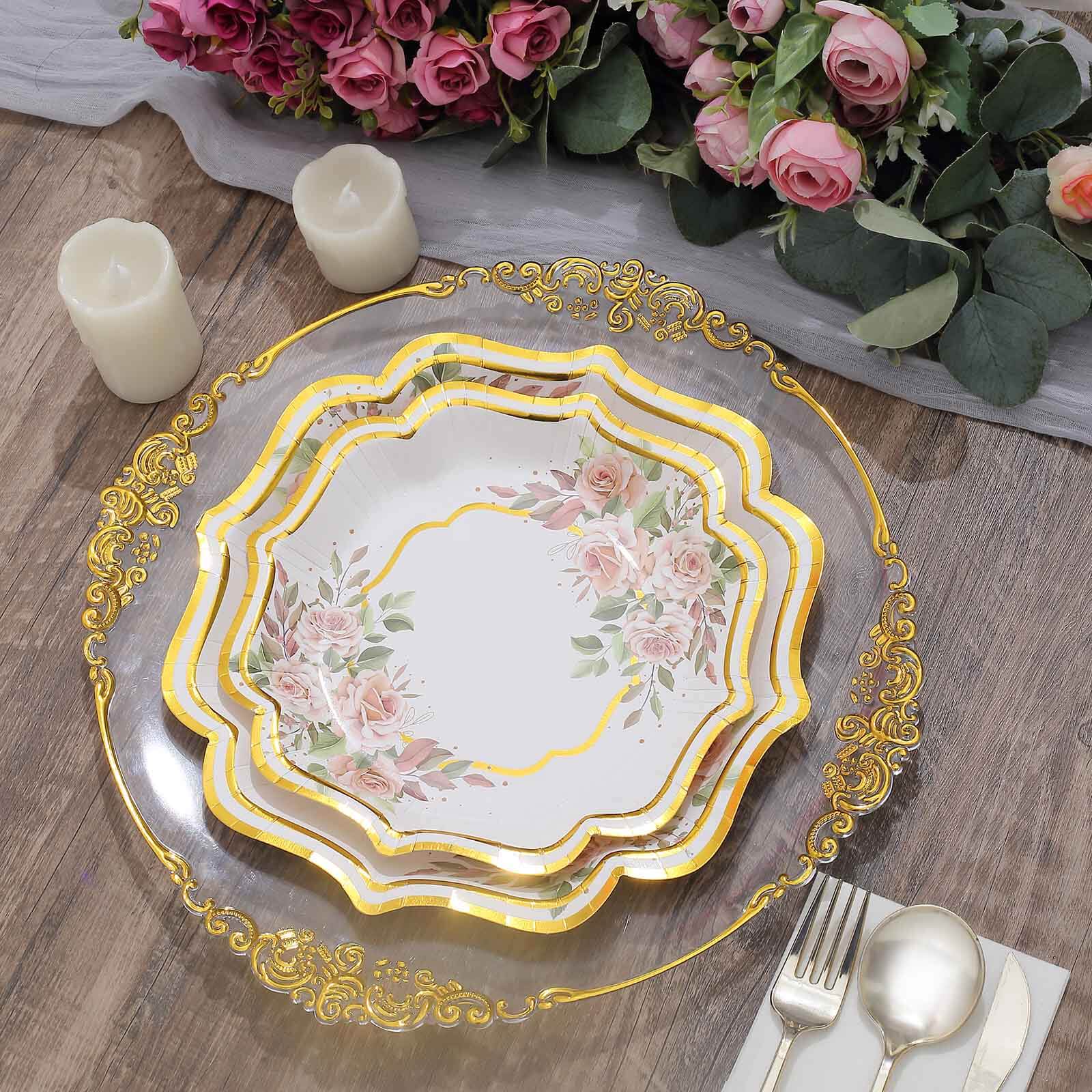 25-Pack Paper 8 Dessert Plates in White with Floral Print & Gold Scallop Rim - Disposable 300GSM Appetizer Salad Plates for Cocktail Events & Receptions