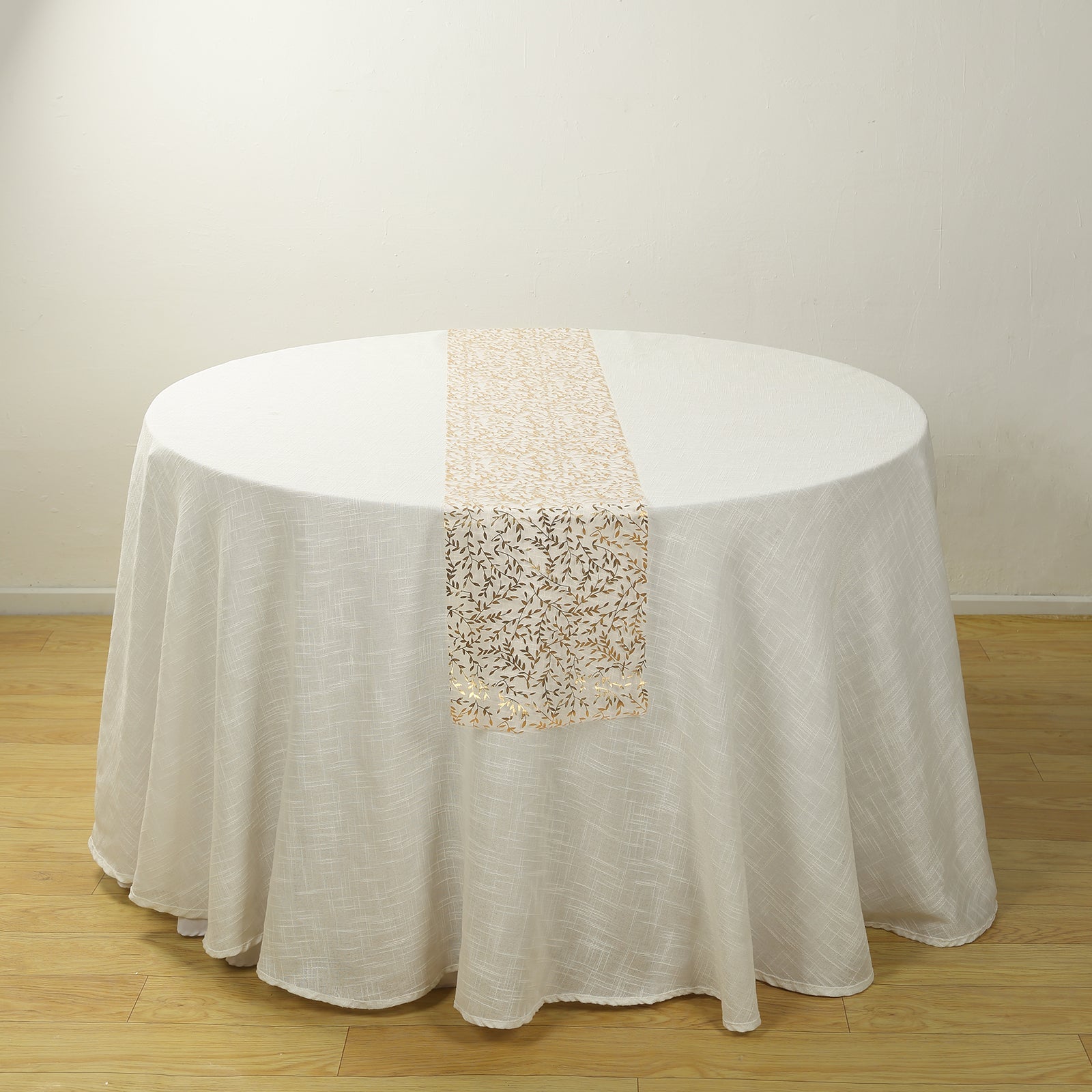 5 Pack Organza Mesh 11x108 Table Runner Rolls White with Gold Foil Leaf Vines - Disposable Stylish & Chic Table Decor