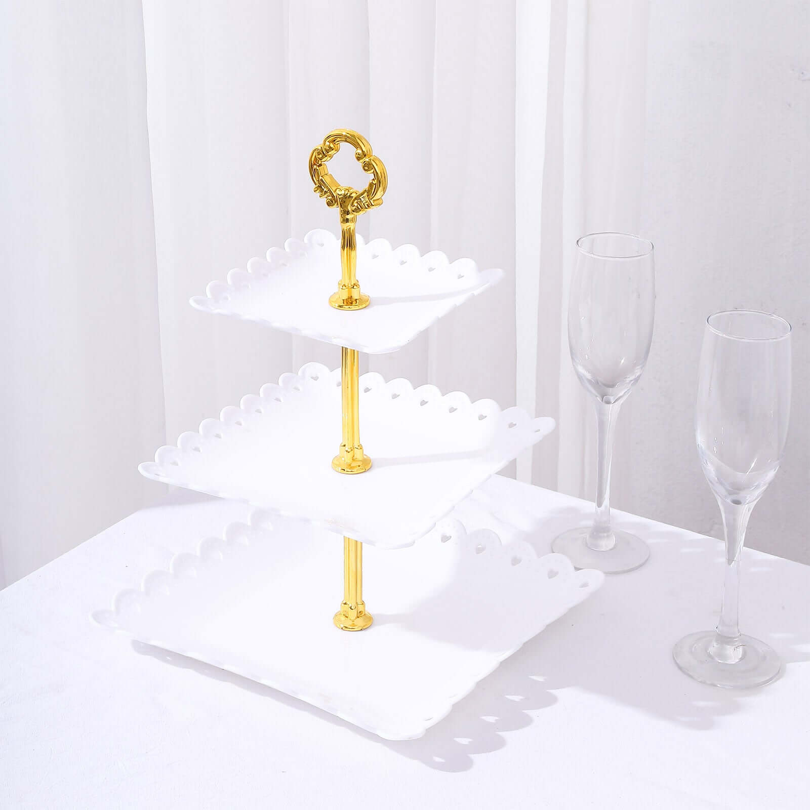 3-Tier Plastic Square Cupcake Stand Tower White - Charming Disposable Dessert Display Serving Tray Platter with Heart Wavy Edge & Gold Top Handle for Tea Parties Weddings & Special Occasions 13