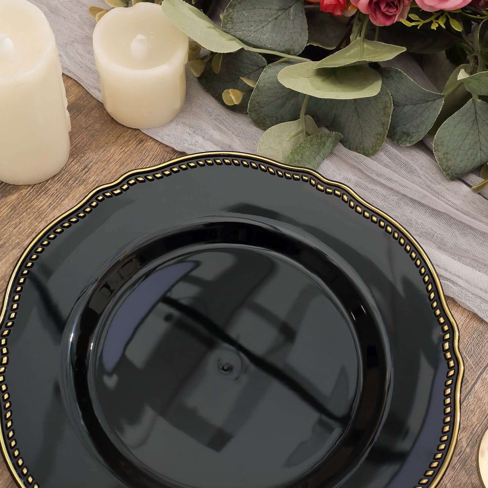 10-Pack Plastic Dinner Plates in Black with Gold Scalloped Rim - Disposable Party Plates for Upscale Events & Banquets 9