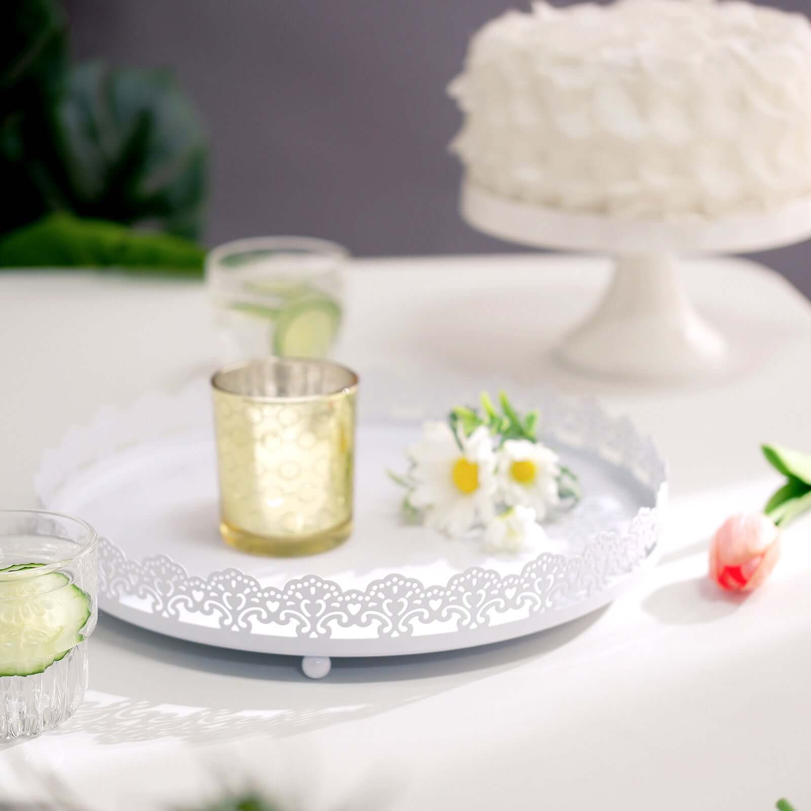 Metal Round Serving Tray 12 in White with Embellished Rims, Stylish Decorative Vanity Tray Centerpiece