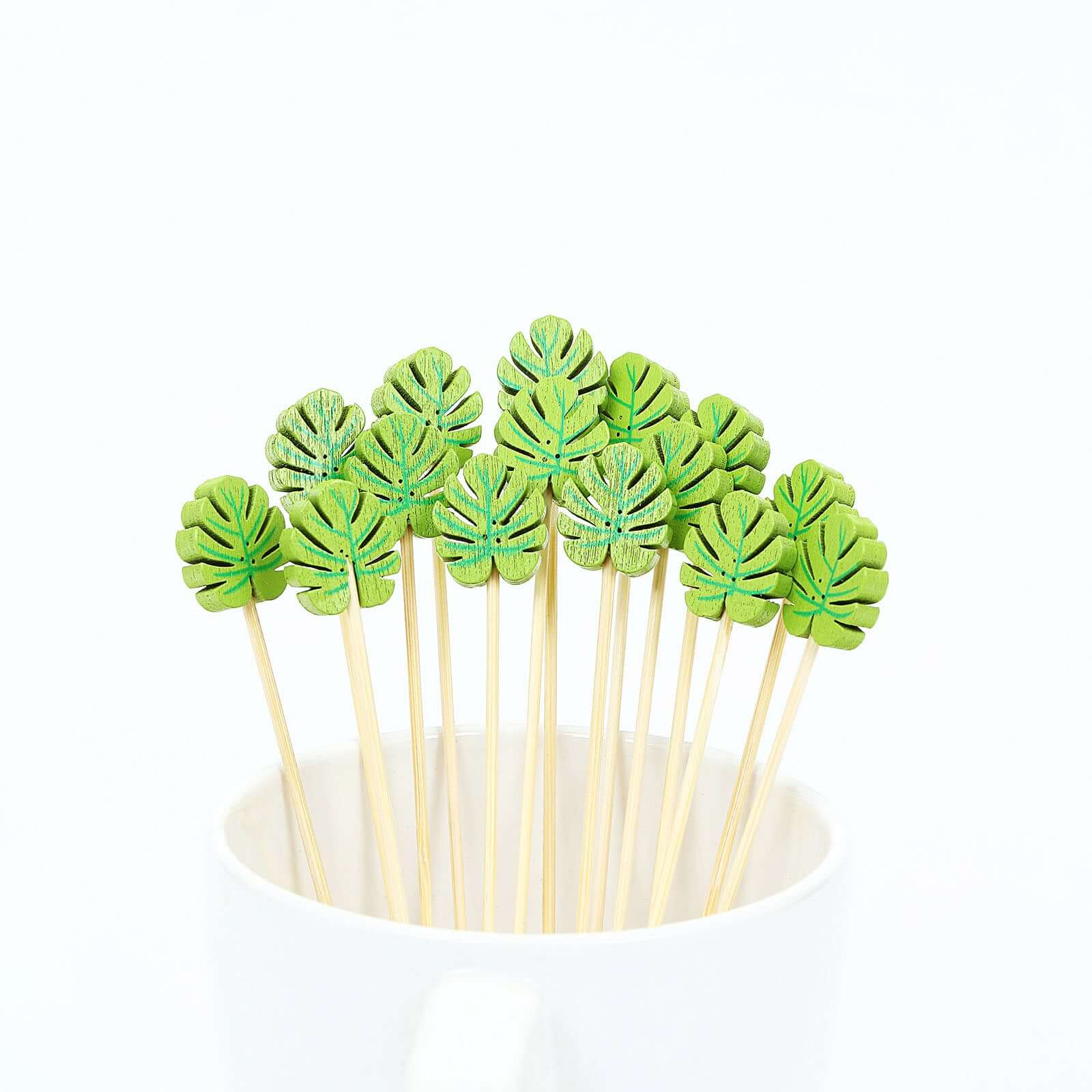 100-Pack Bamboo Cocktail Sticks Tropical Leaf Decorative Top Design - Eco Friendly Party Picks 5