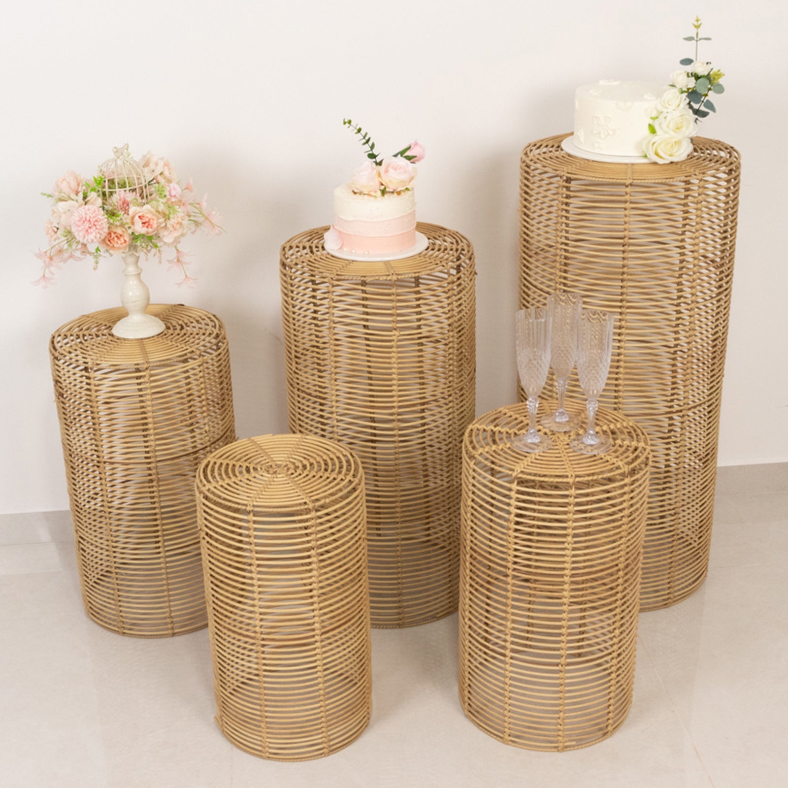 Set of 5 Natural Woven Rattan Wicker Pedestal Stands, Boho Chic Side Table Cylinder Cake Dessert Plant Display Stands - 20,21,24,29,36