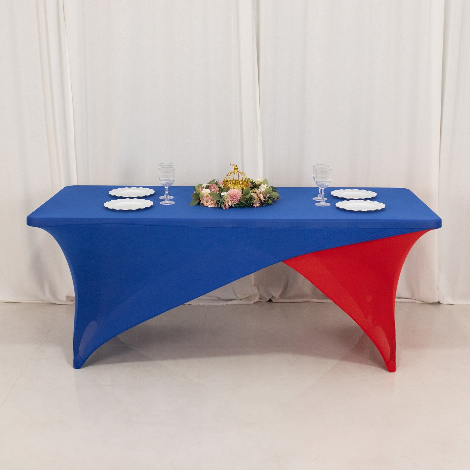 Stretch Spandex 72x30 Rectangle Table Cover Royal Blue/Red Cross Over Design - Two-Piece Fitted Tablecloth with Elastic Foot Pockets